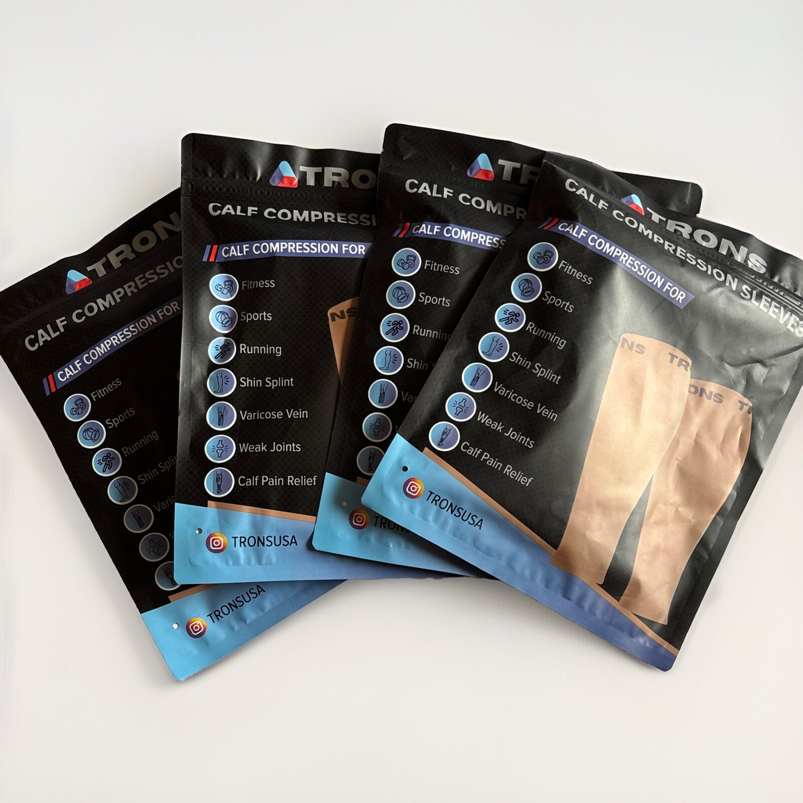 Lot Of 4 TRONS Calf Compression Sleeves Travel Sport Pain Vein BLACK Size XLARGE