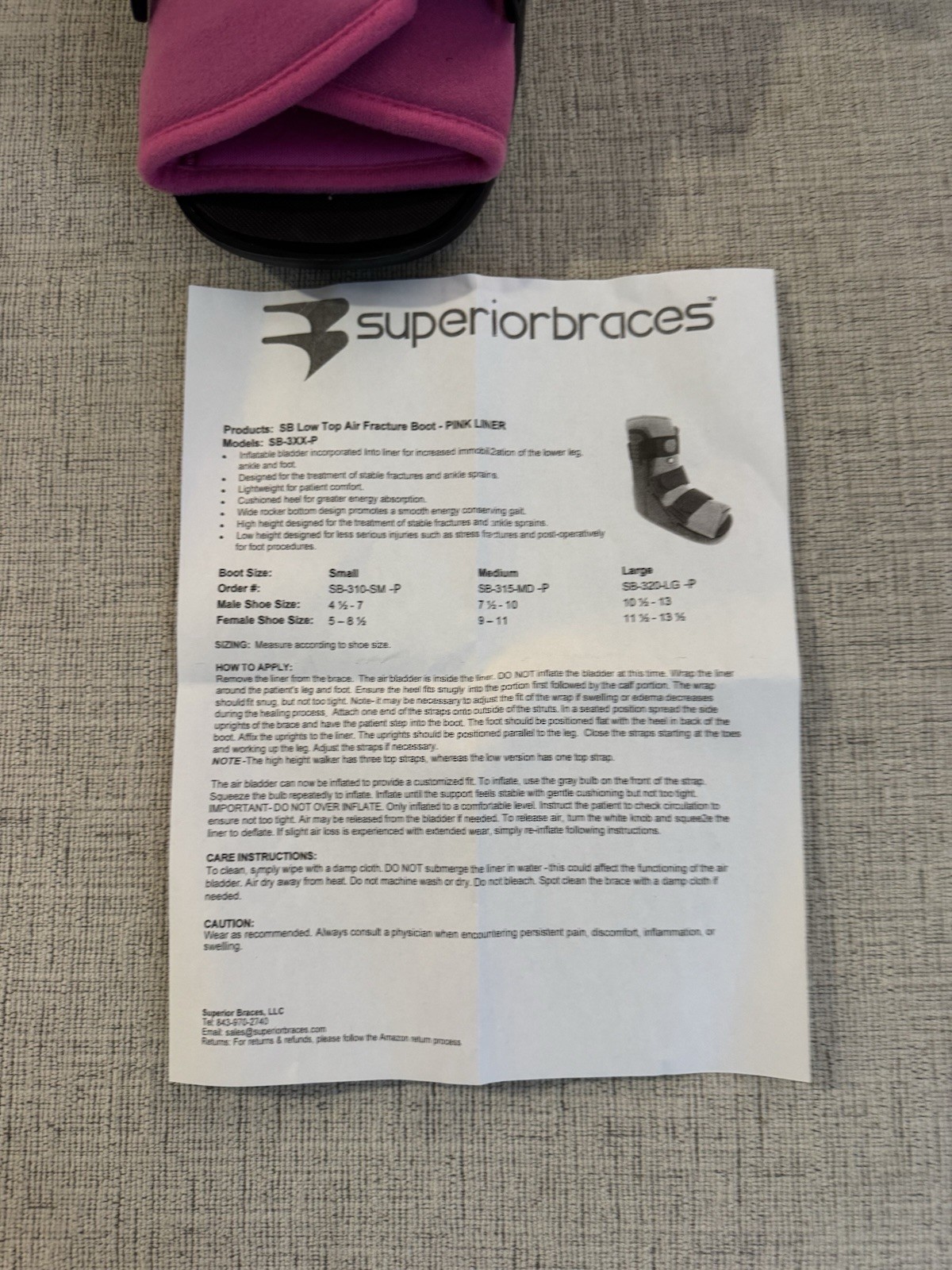 Superior Braces Low Top Air Fracture Boot Pink Liner Large Advanced Ortho