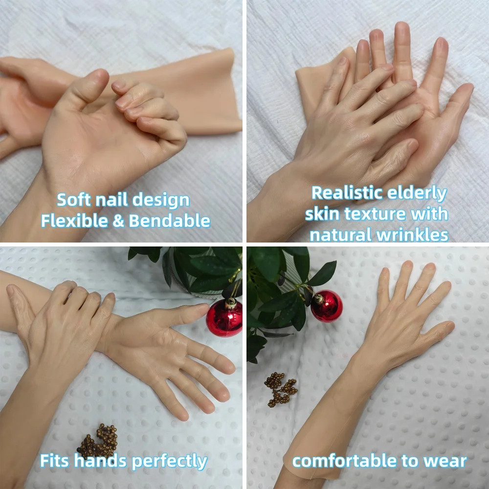 40cm Silicone Old Man Hand Gloves Skin Cover Nails Cosplay Scar Props