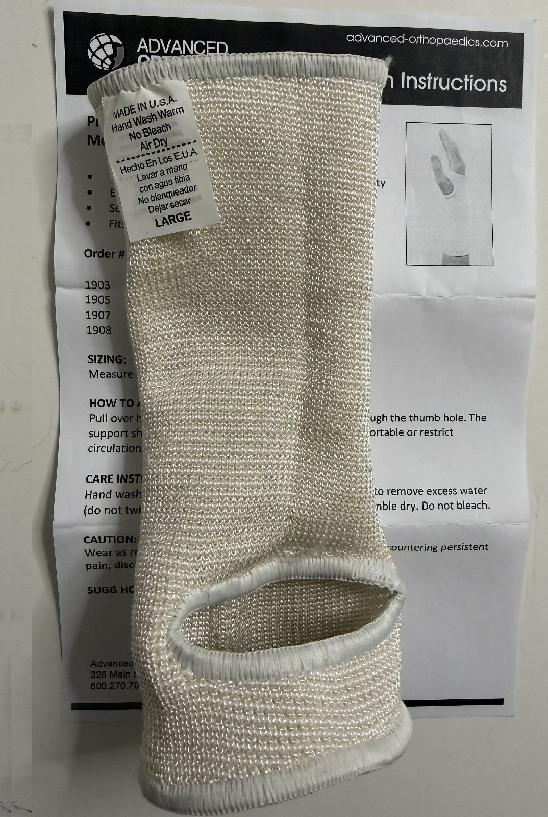 Advanced Orthopaedics LARGE White Elastic Slip-On Wrist Support NEW Made in USA