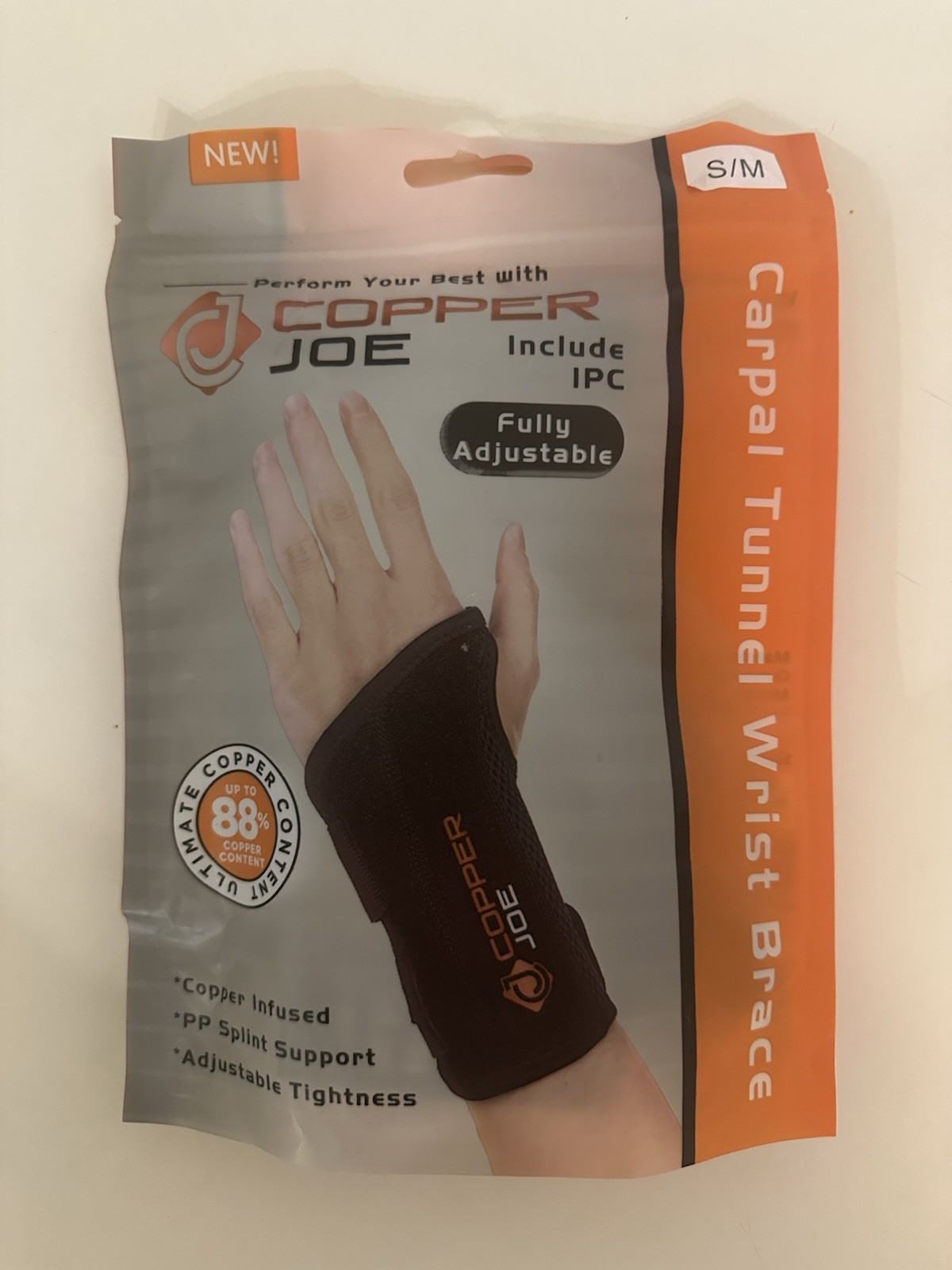 Copper Joe Carpal Tunnel Wrist Brace for Day and Night Support Right Hand S/M
