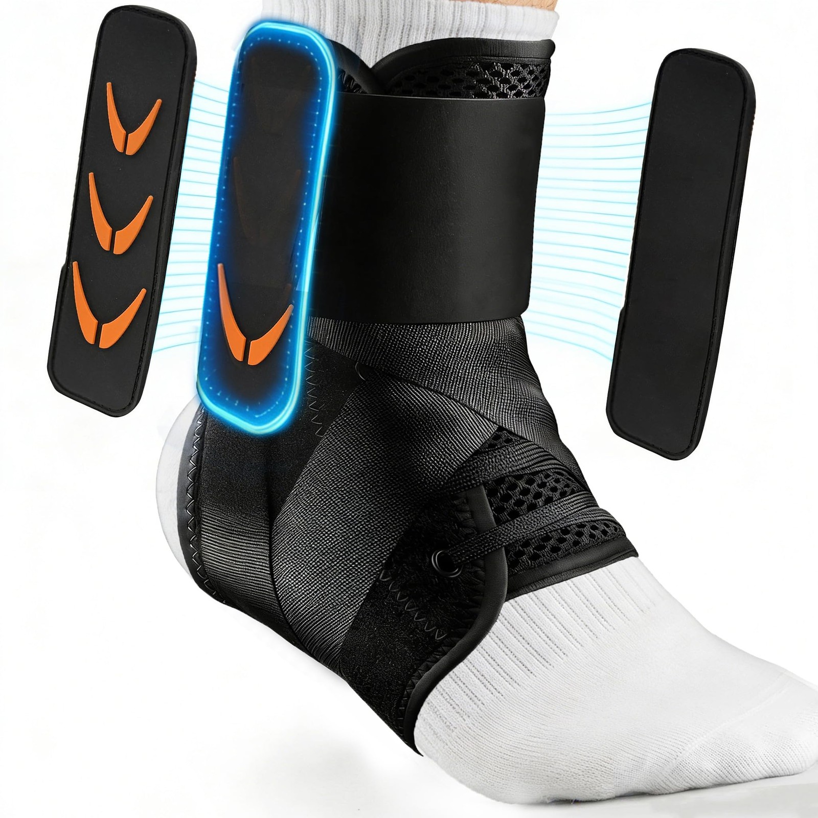 Slim-Fit Ankle Brace for Sprained Ankle, Quick Lace Up Medium, Black+Orange