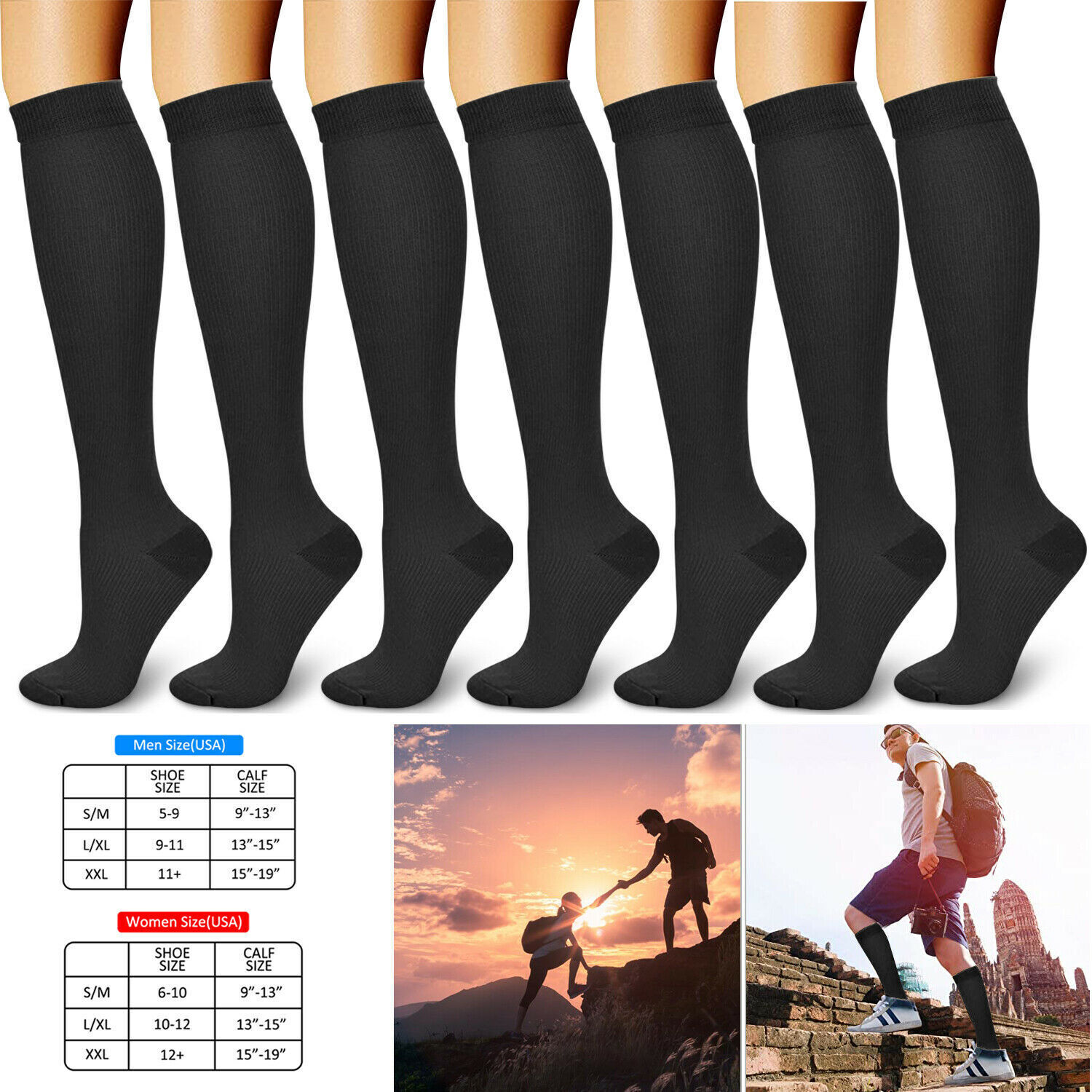 15-20mmHg Graduated Compression Support Socks Knee High Men Women S~XL (3 Pairs)