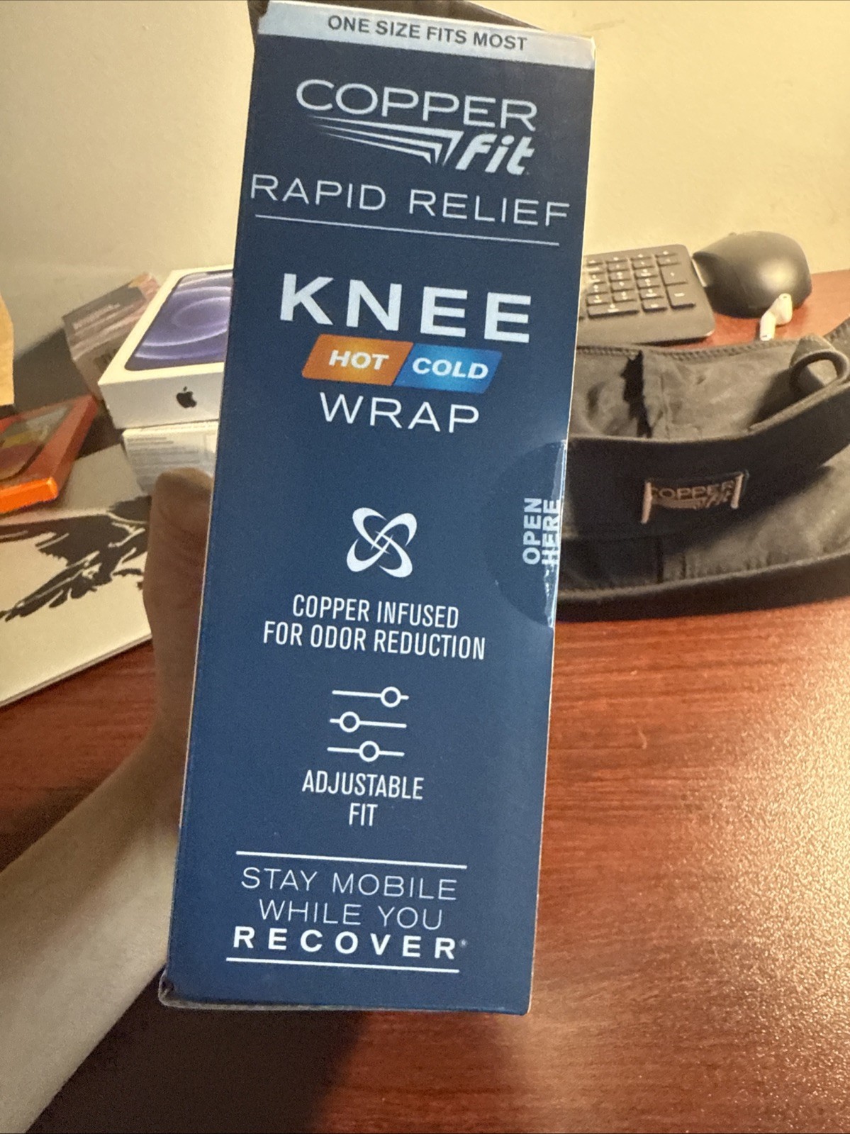 COPPER FIT RAPID RELIEF KNEE ADJUSTABLE FIT WRAP- HOT OR COLD GEL PACK- ONE SIZE