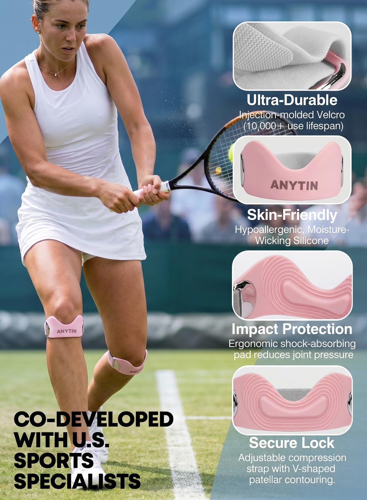 Anytin Silicone Patellar Tendon Support Strap 2 Pack, Knee General, pink-001