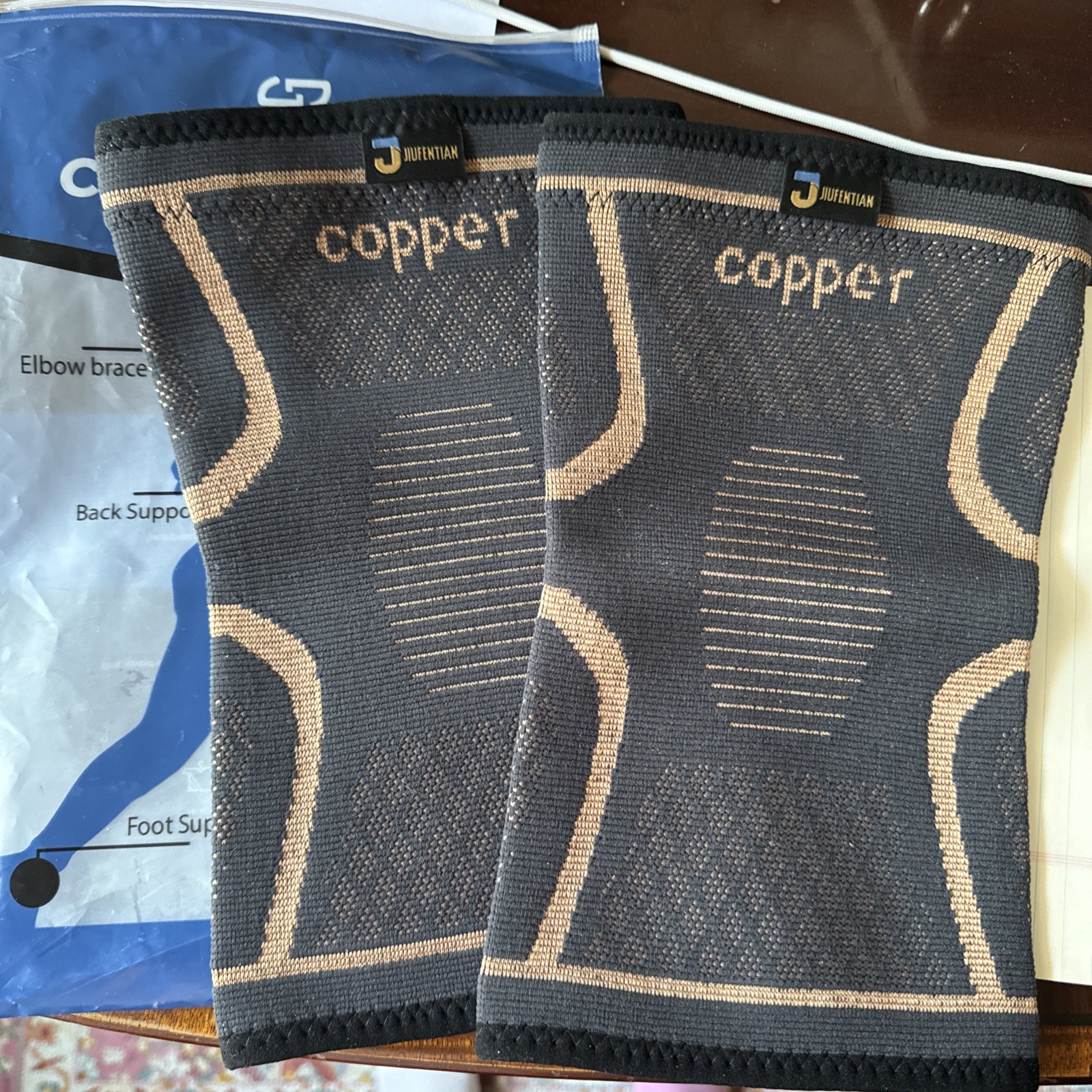 JIUFENTIAN Unisex Compression COPPER ION Knee Brace Black/Brown XL NEW Set Of 2