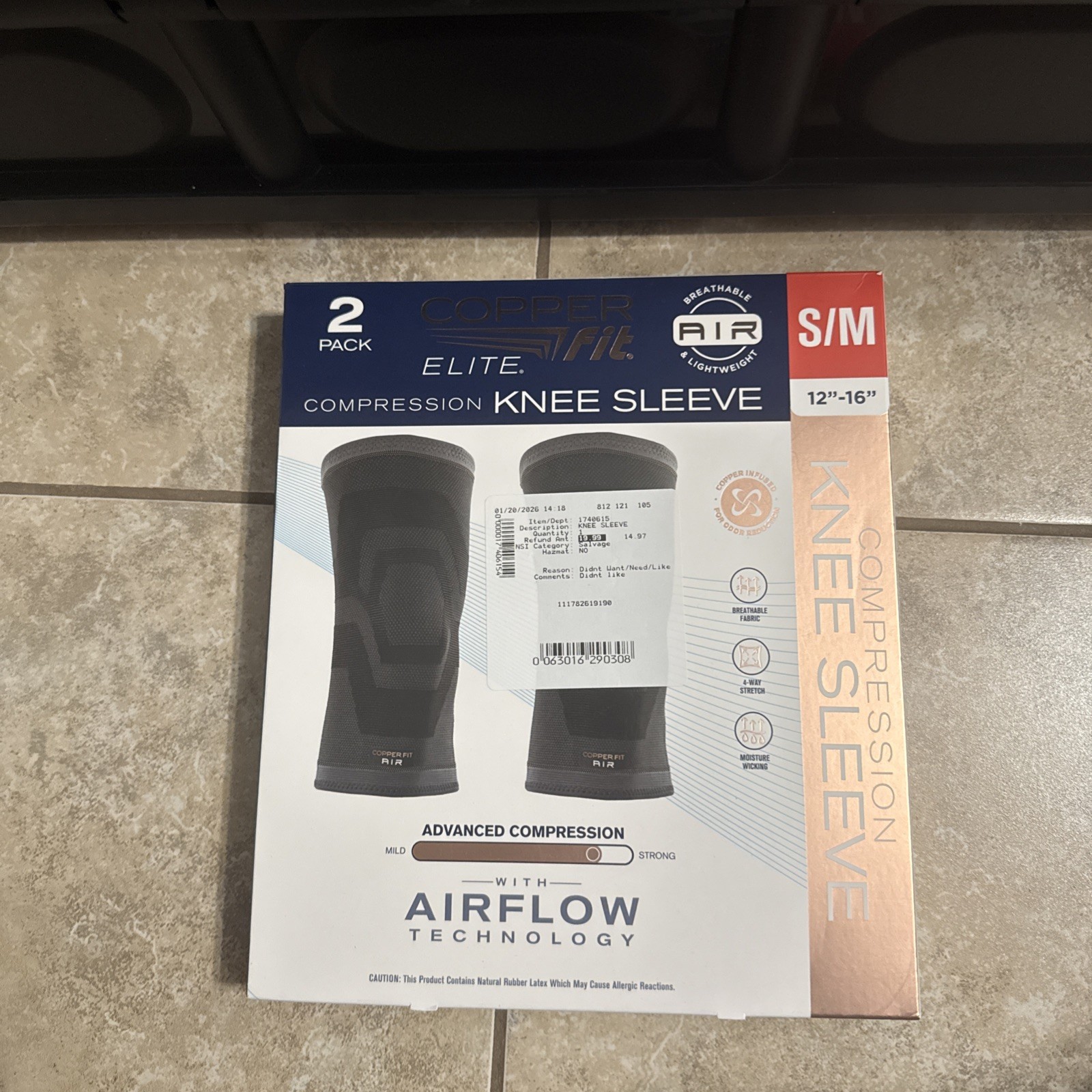 Copper Fit Elite Compression Knee Sleeve 2 Pack S/M 12”-16” Airflow Technology