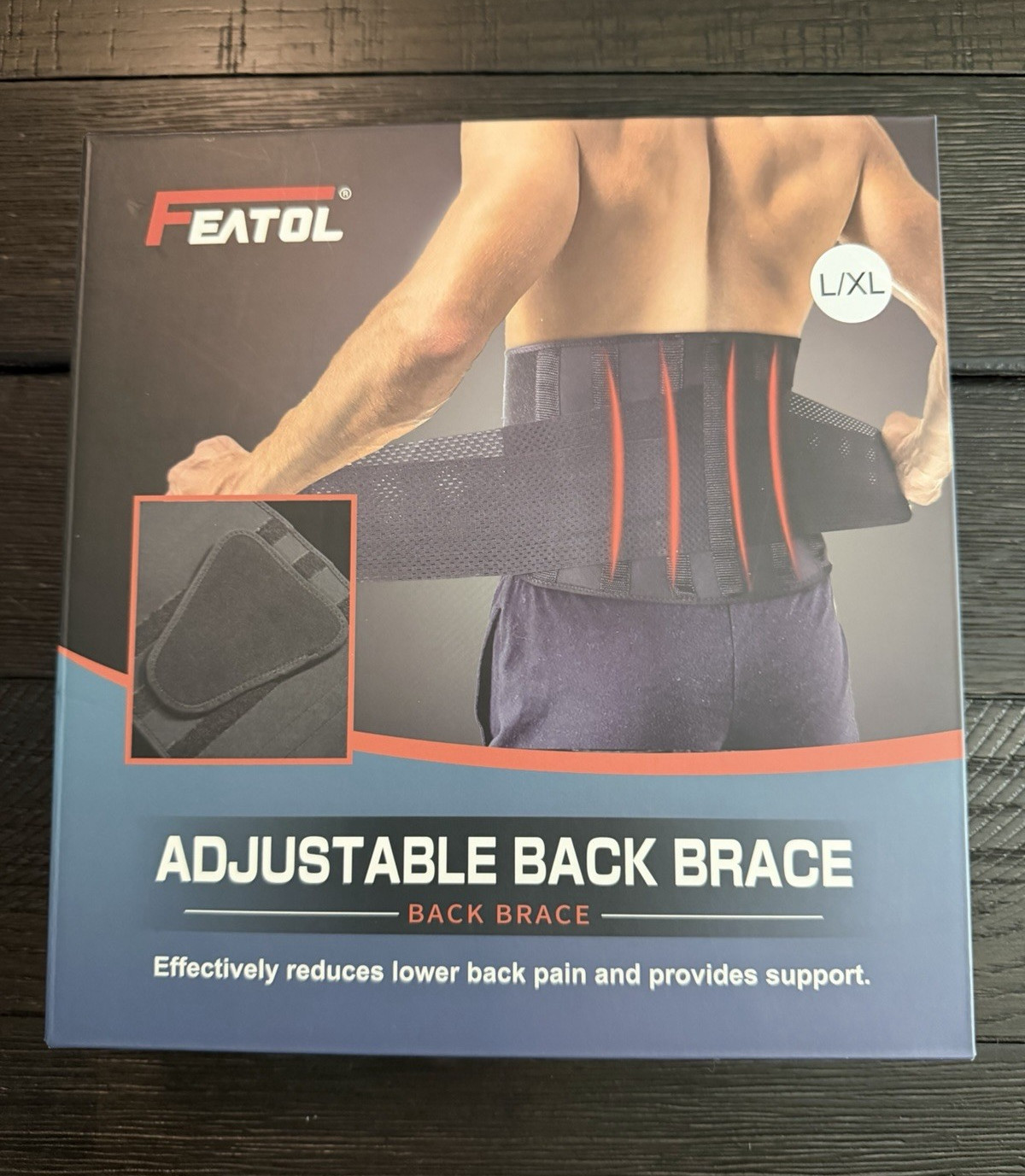 FEATOL Adjustable Back Brace Support Belt, Black, L/XL, Men & Women