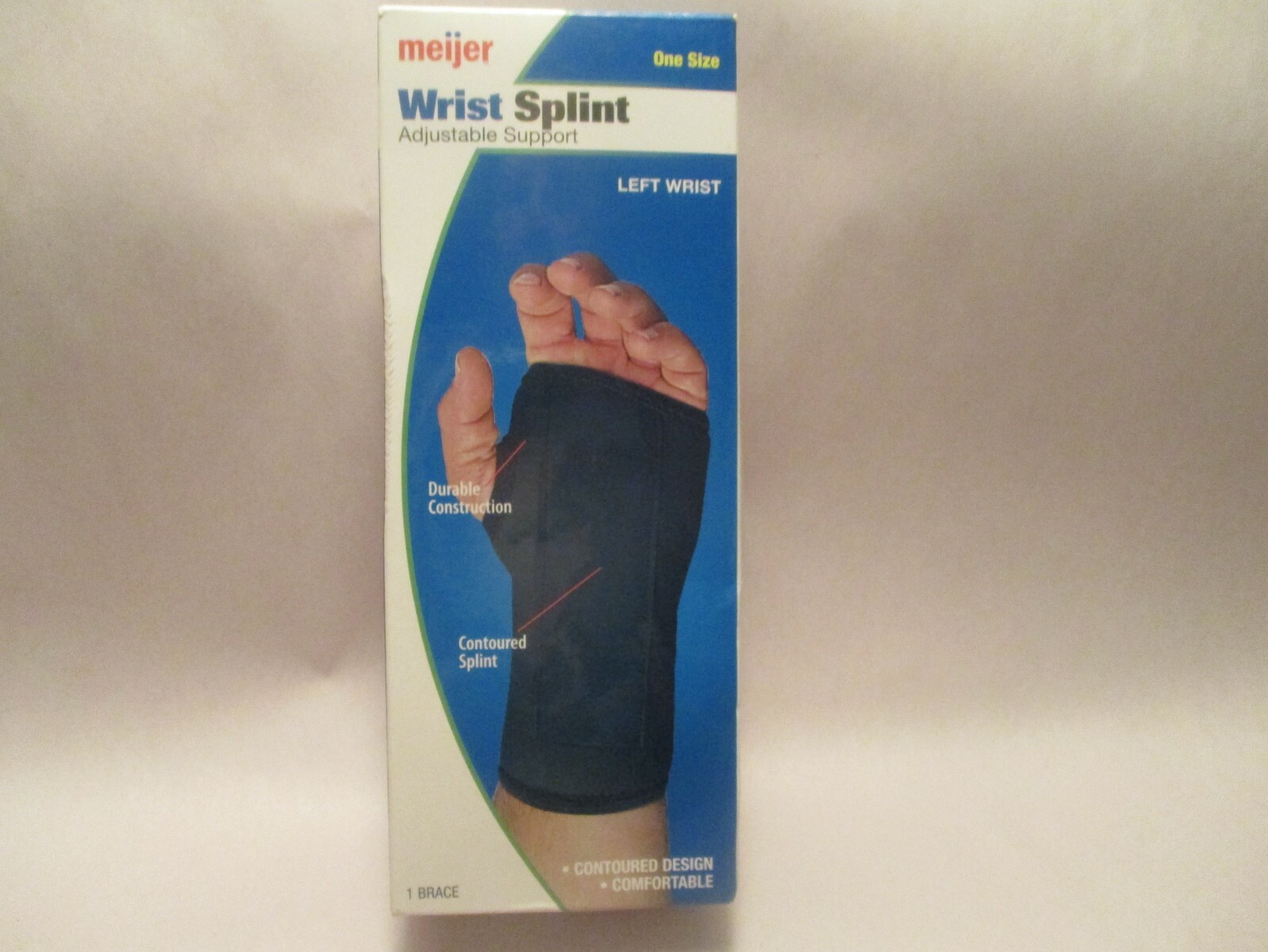 New in Box Meijer Adult Wrist Splint, Left Wrist, Black Brace, One Size Fits All