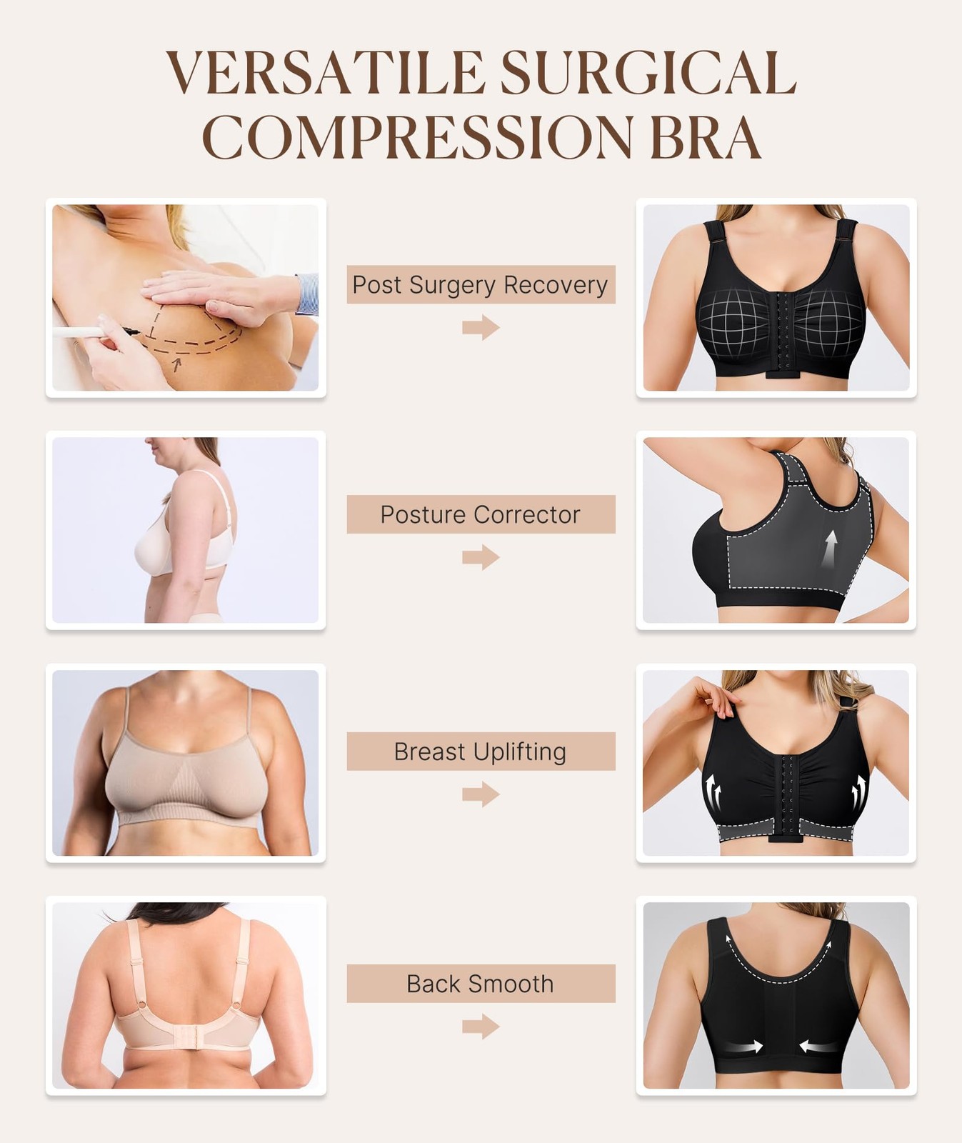 Post Surgery Front Closure Mastectomy Bra Wireless Adjustable Straps Black XL
