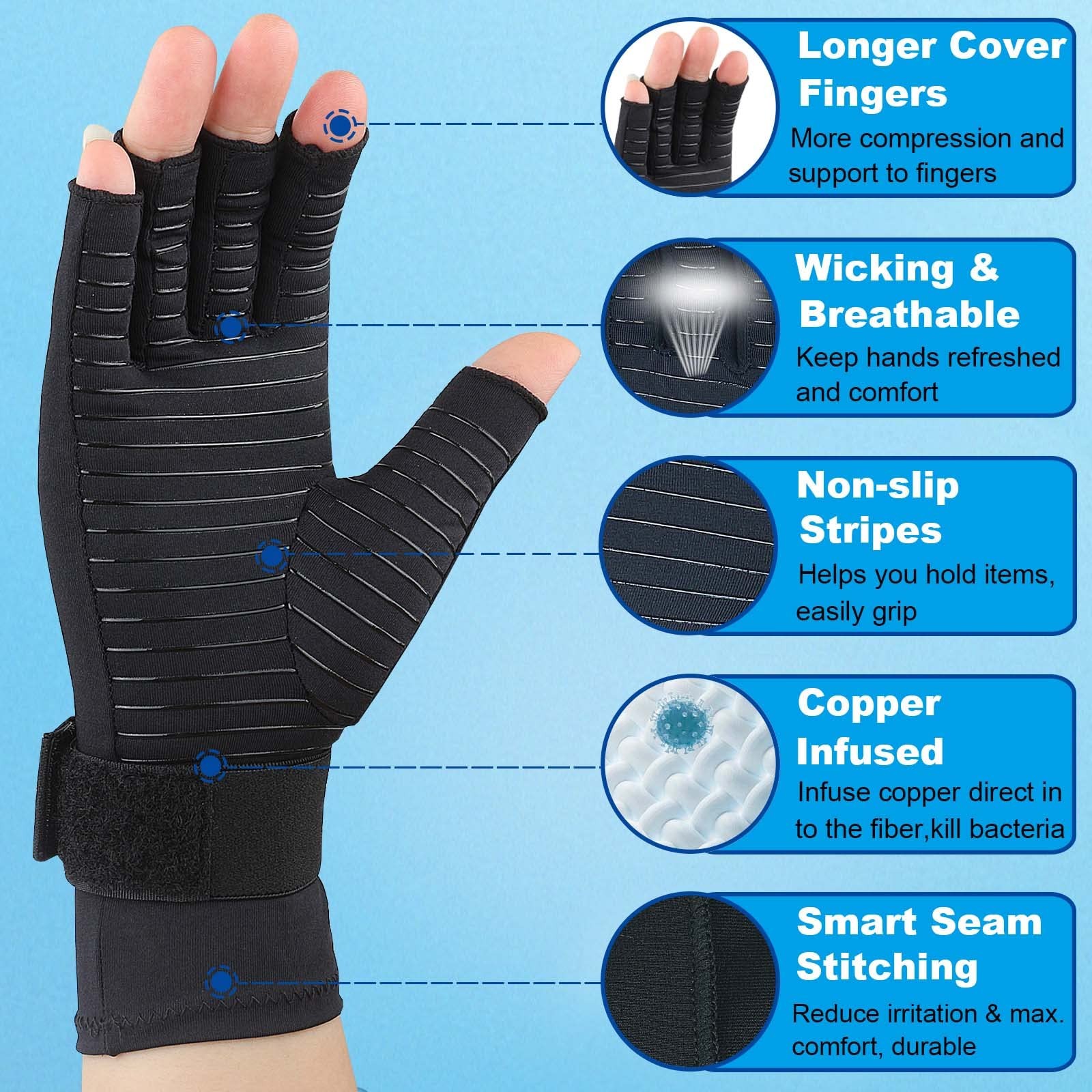 2 Pairs Copper Arthritis Compression Gloves Women Men for Small-Medium, Black