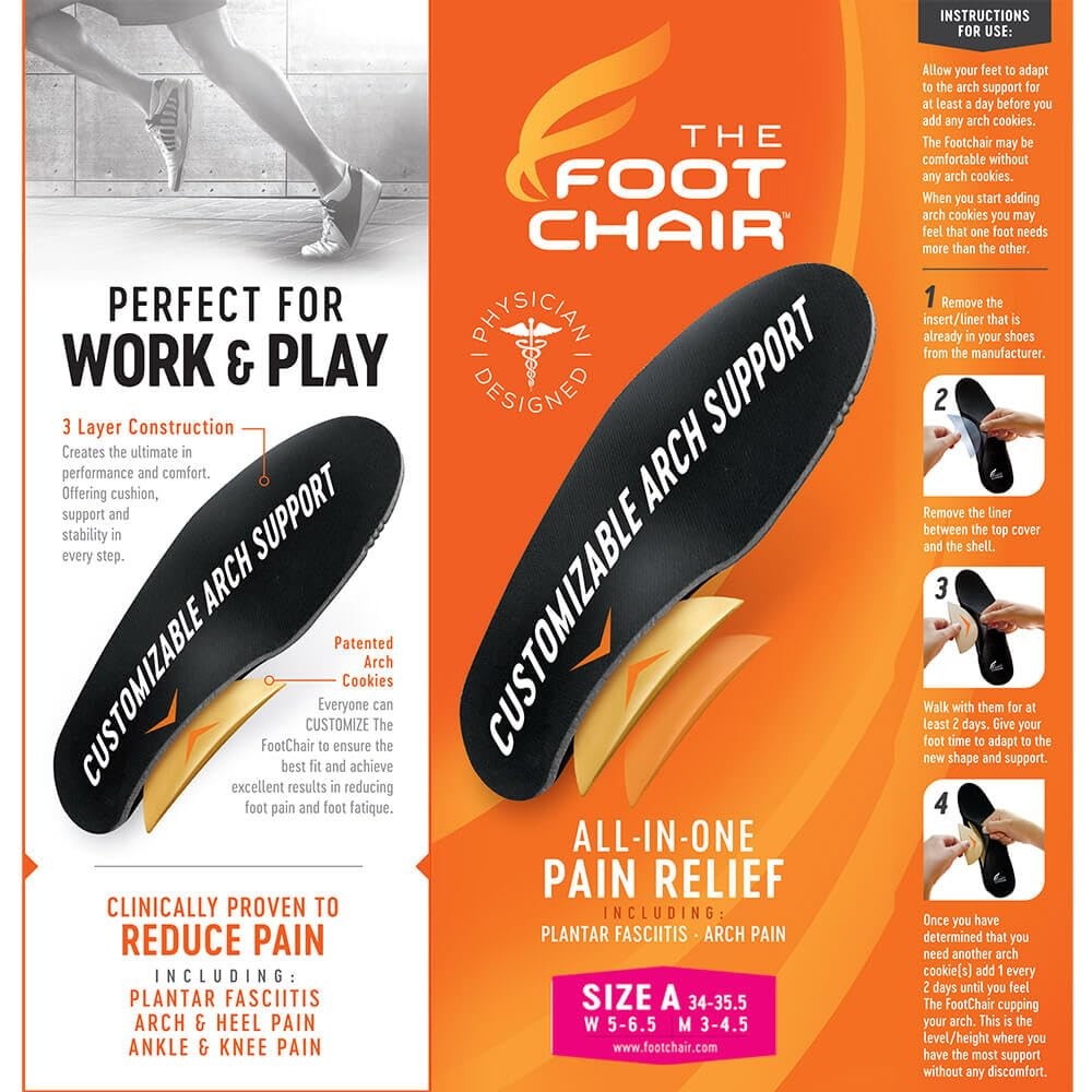 FootChair Orthotics with Pads for Adjustable Arch Height. Relieve Plantar