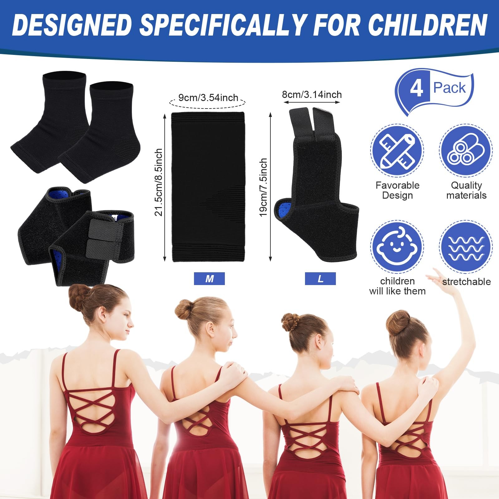 2 Pairs Kids Ankle Brace Foot Support Stabilizer Wraps Protector Black Large
