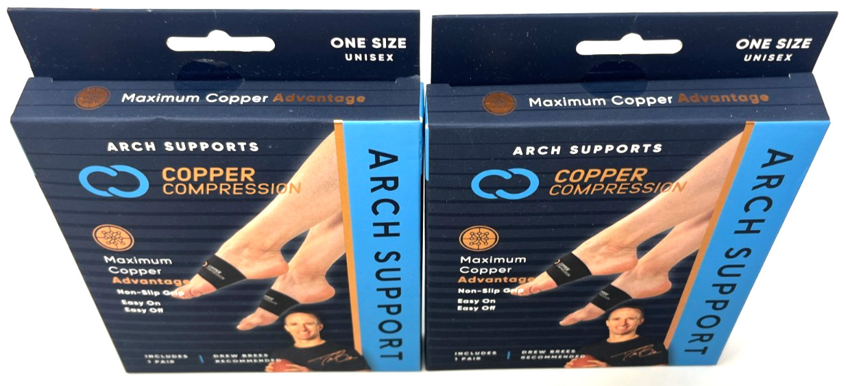 (2) Copper Compression Arch Support Sealed One Size Unisex Black Non-Slip Grip