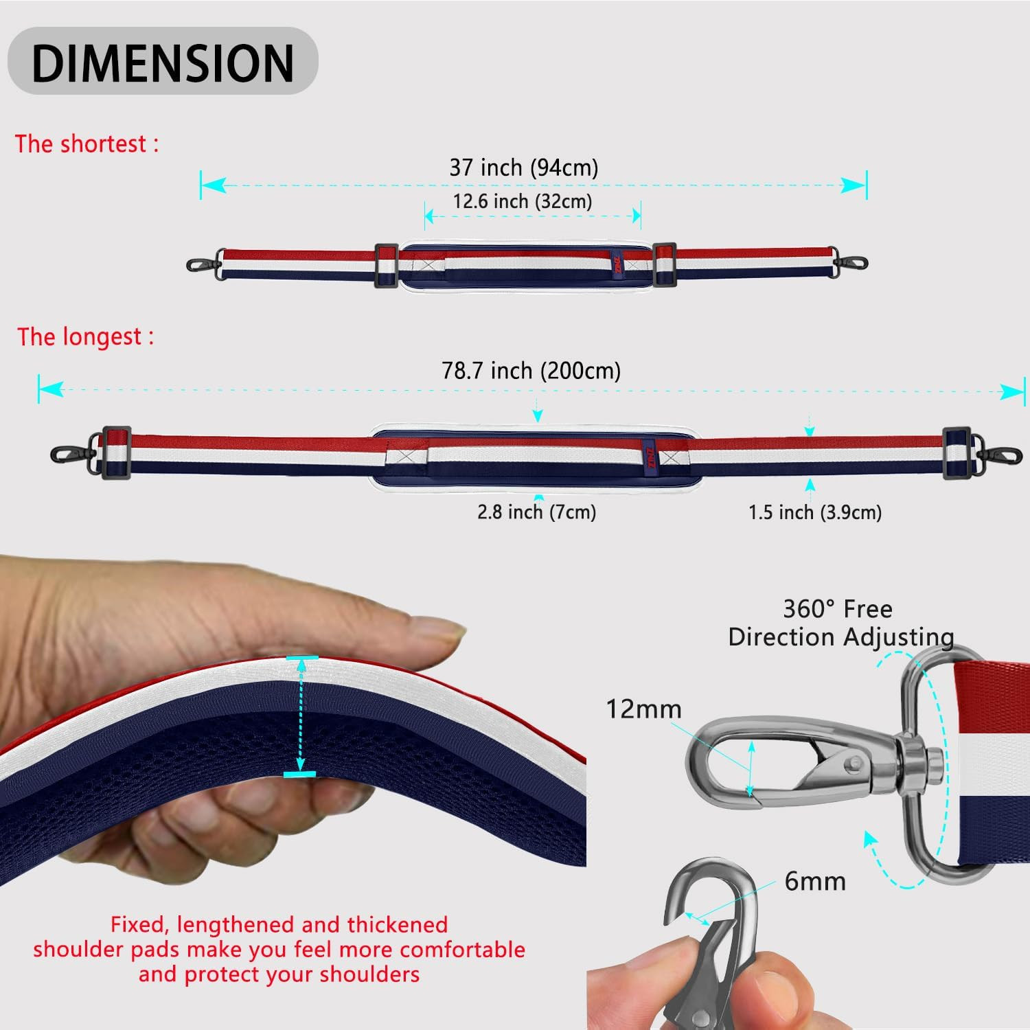 79 inch Shoulder Strap, Extra-thick Fixed Cushion Pad and Dual Clasps Universal