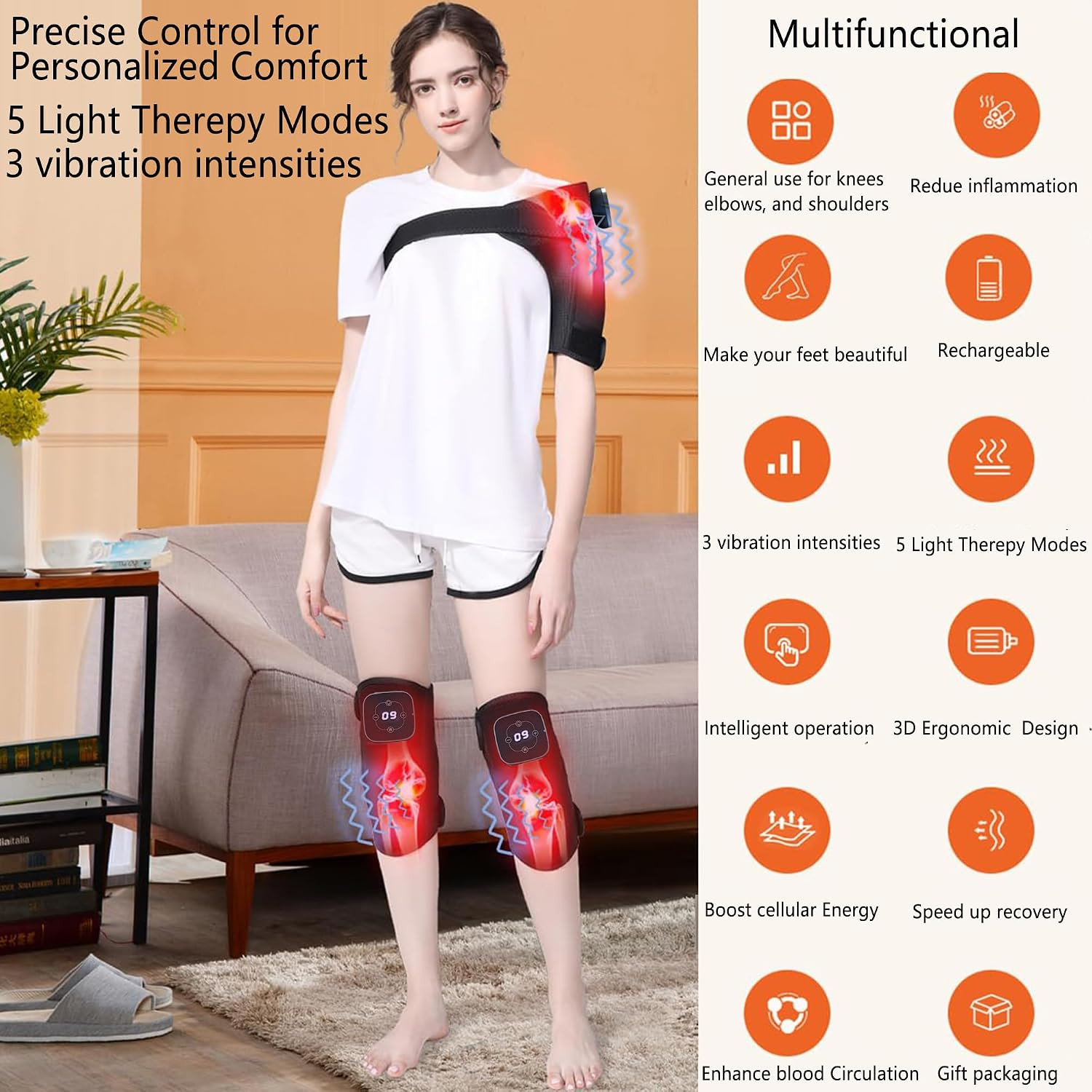 Red Light Therapy Knee Brace, Wireless Rechargeable, 665Nm & 855Nm Heating & Vib