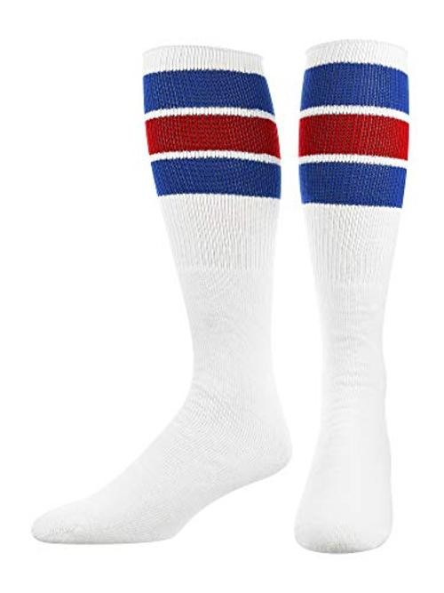Retro Tube Socks with Stripes for Men & Women – 3 Stripe, 70’s Large Royal/Red
