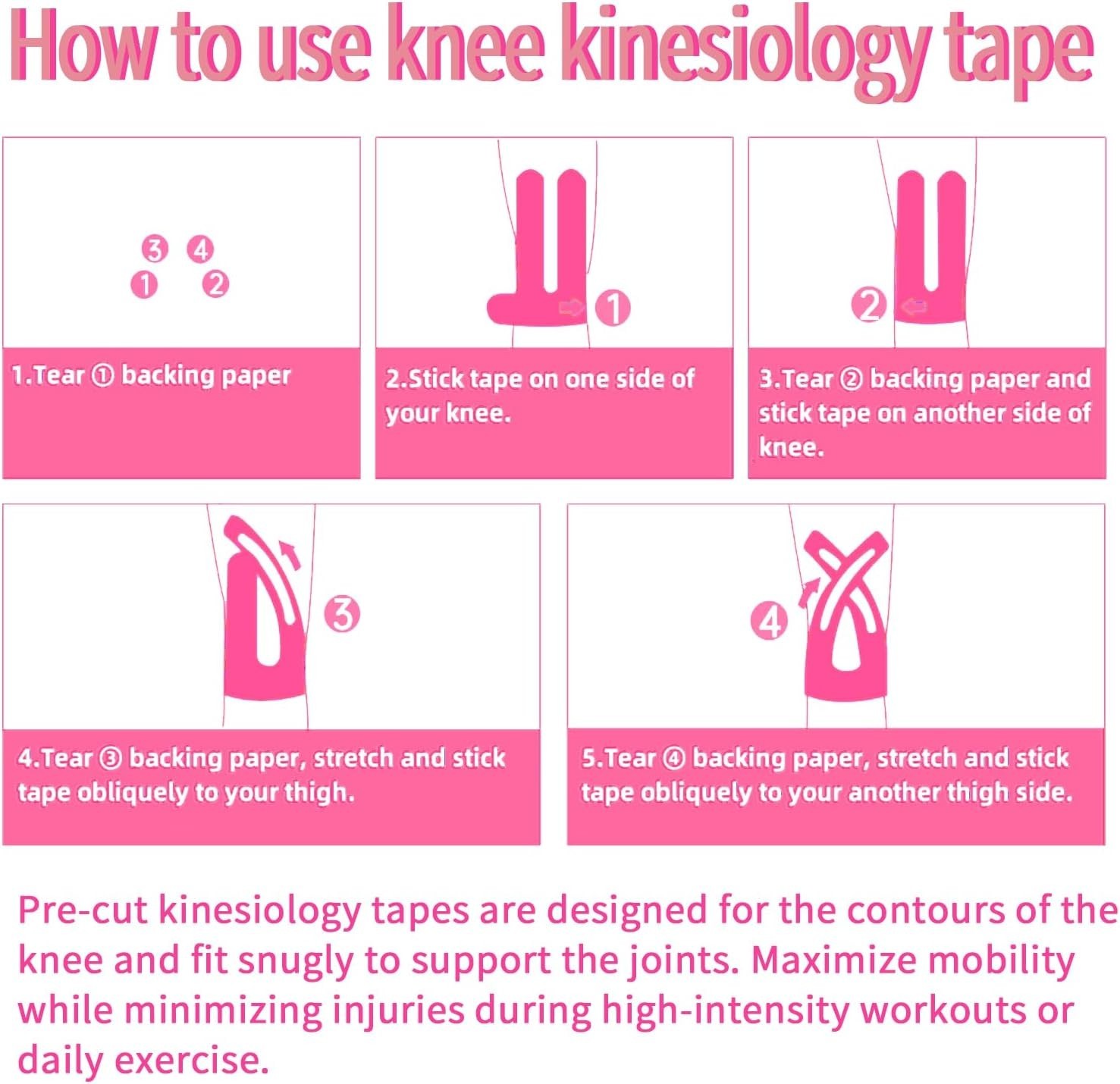 Dynamic Precut Knee Kinesiology Tape for Sports – Elastic & Waterproof 6 Count