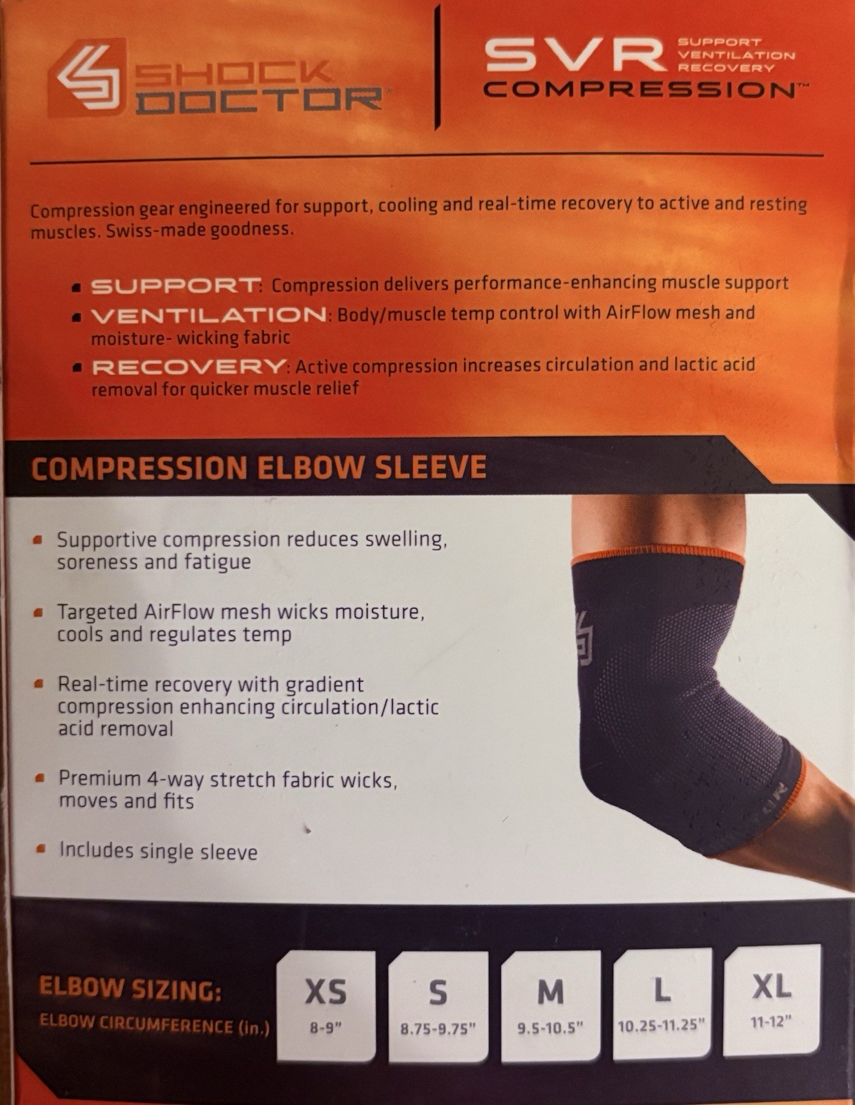Shock Doctor SVR Compression Elbow Sleeve Black- Large Support Recovery New