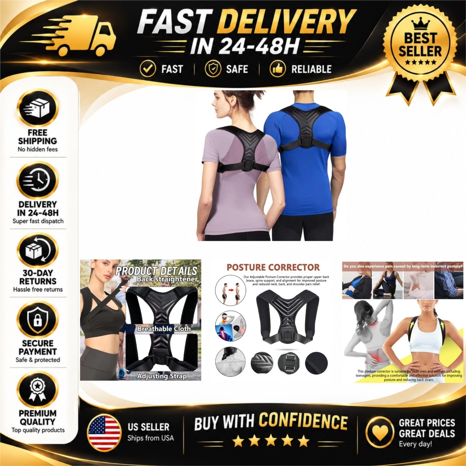 Posture Corrector for Women & Men, Adjustable Back Support Brace
