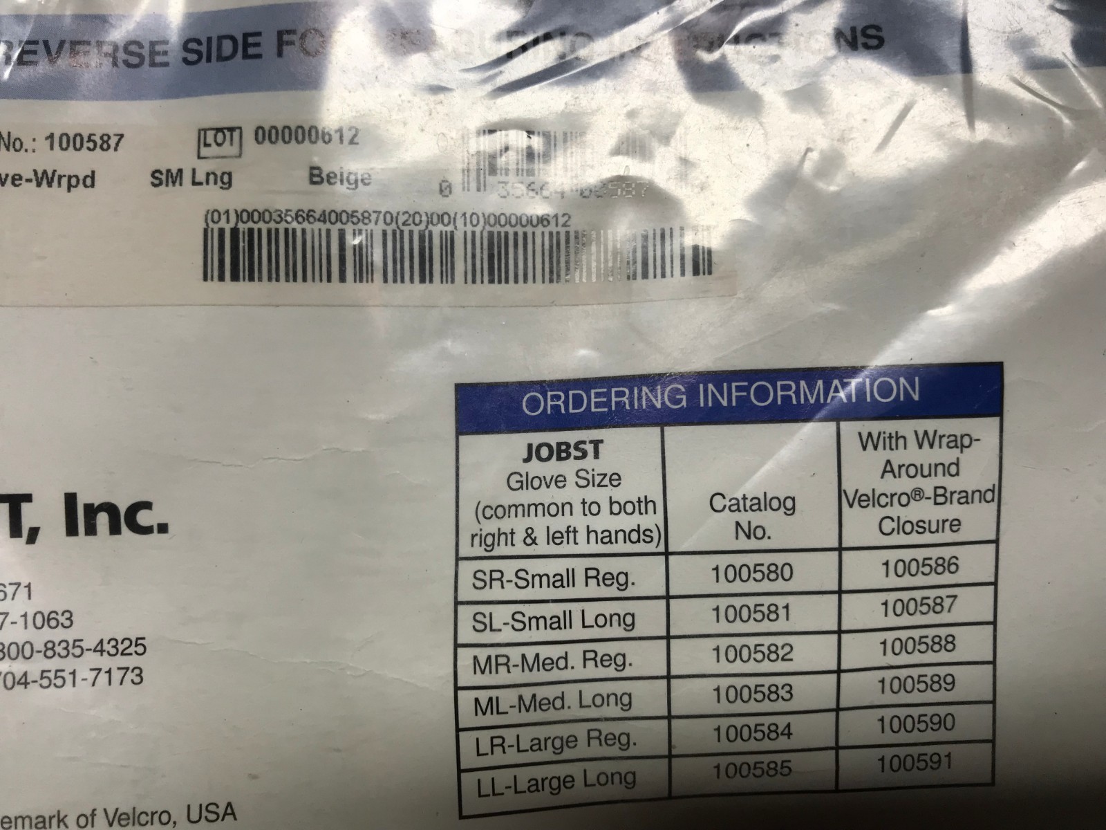 1000587 JOBST Medical Wear Compression Glove Beige SMALL LONG Velcro Closure