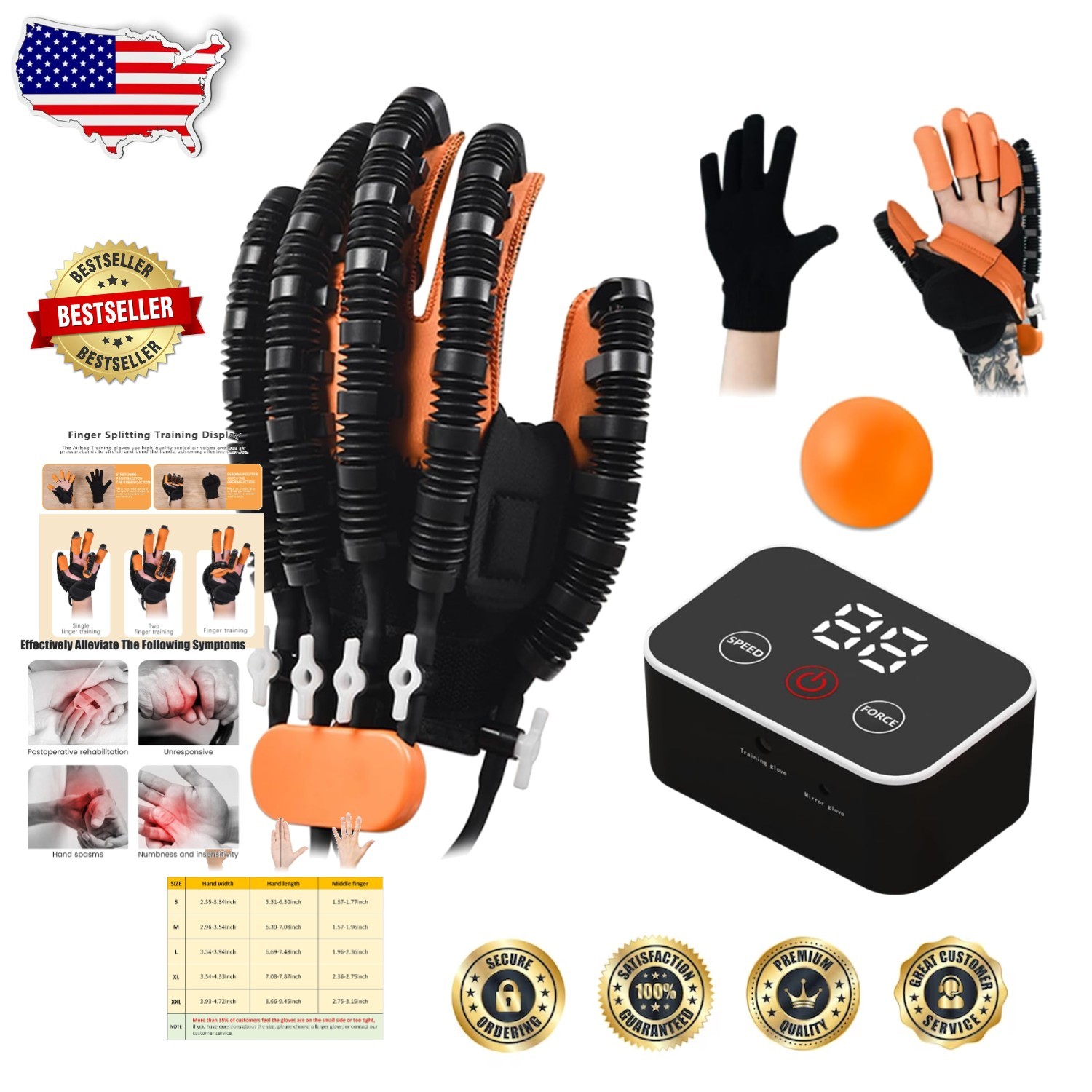 Rehab Robot Gloves XL Right Hand Stroke Recovery Finger Exerciser Orange