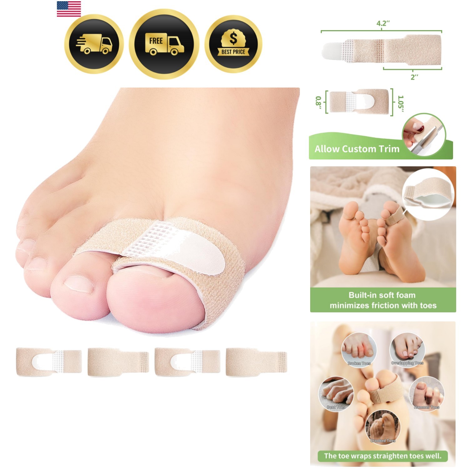 Fabric Hammer Toe Correctors Buddy Wraps, 8 Pack of Toe Bandages Protectors f…
