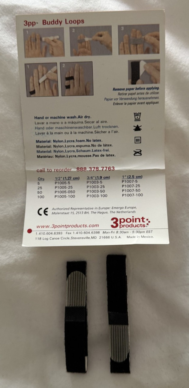 3pp Buddy Loop Finger Splint Straps Finger Tape 1/2″ 2 Pack NEW Black