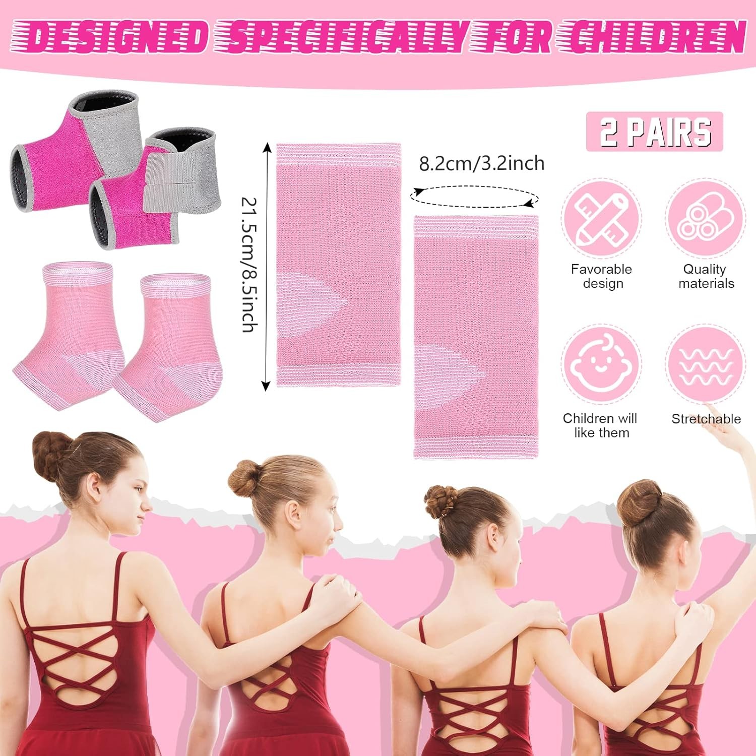 Tarpop 2 Pairs Kids Ankle Brace Set Foot Support Stabilizer Wraps Small, Pink