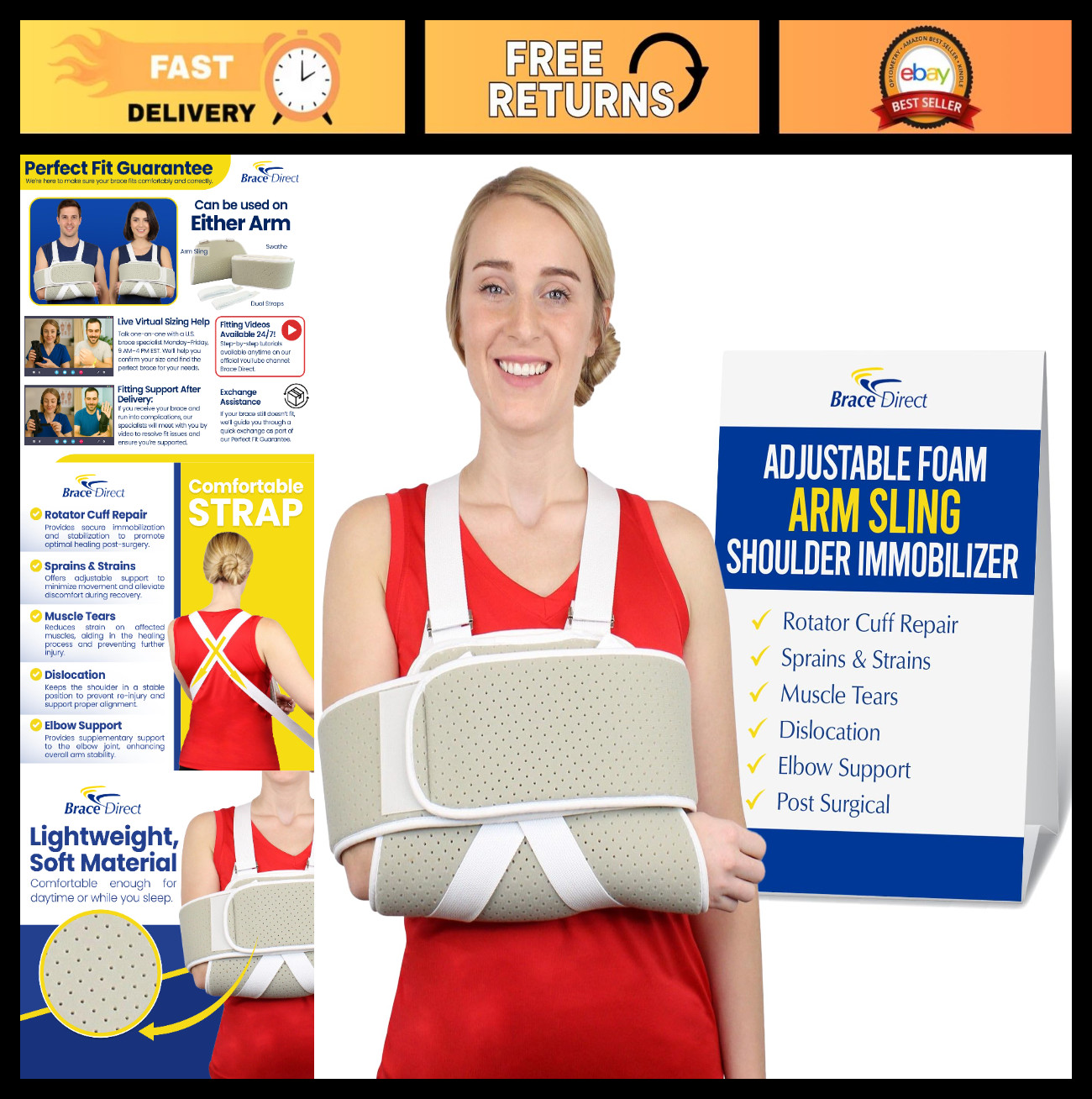 Adjustable Foam Arm Sling Shoulder Immobilizer for Rotator Cuff, Post Op Recover
