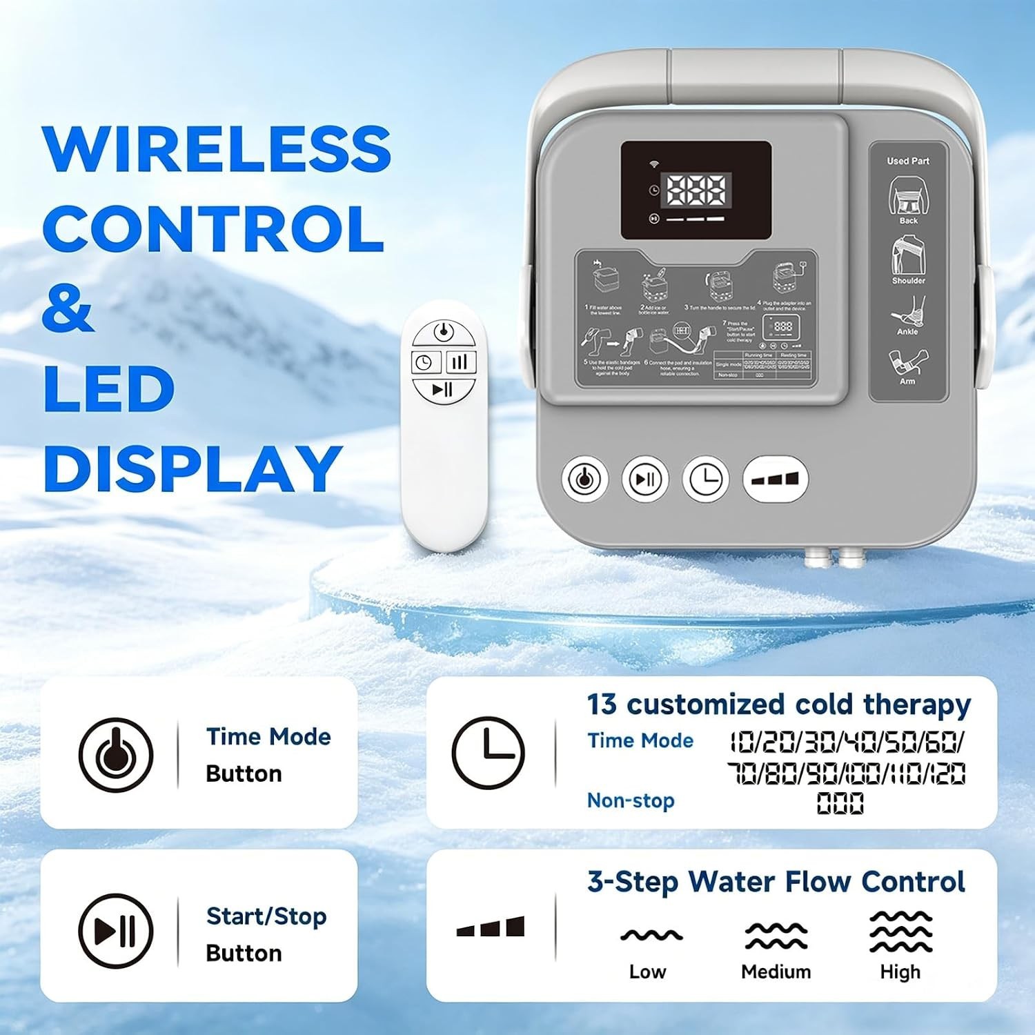 Cold Therapy Machine Knee Ice Pump 2.4G Remote 13 Timers 3 Flow Modes