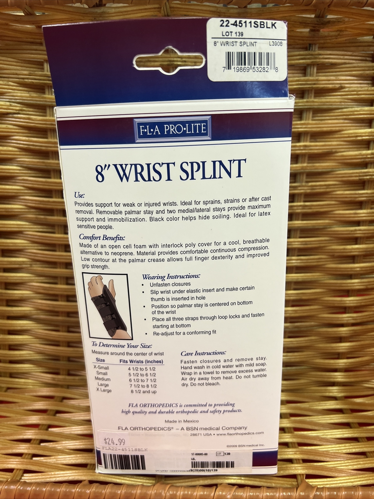 FLA Pro-Lite 8″ Wrist Splint Black Left Hand X-Small New In Box