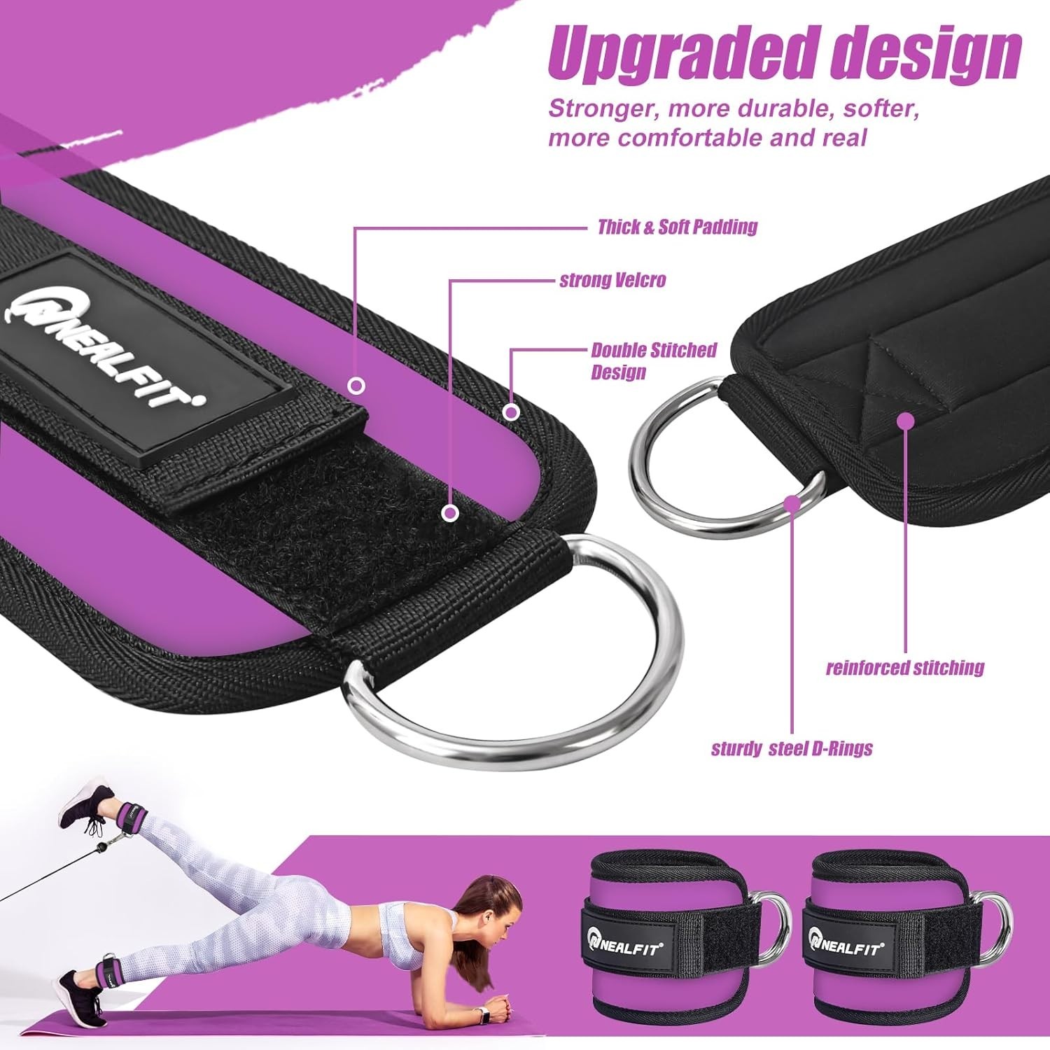 Ankle Strap Cuffs for Cable Machines – Purple, 2 Pack for Glute Workouts