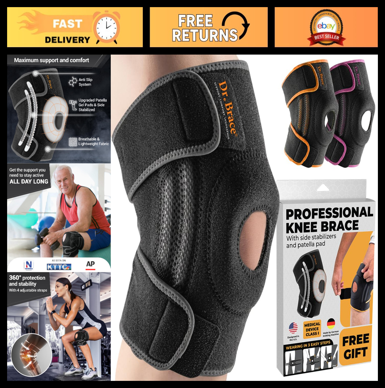 Knee Brace with Side Stabilizers & Gel Pads for Pain Relief & Recovery – Large
