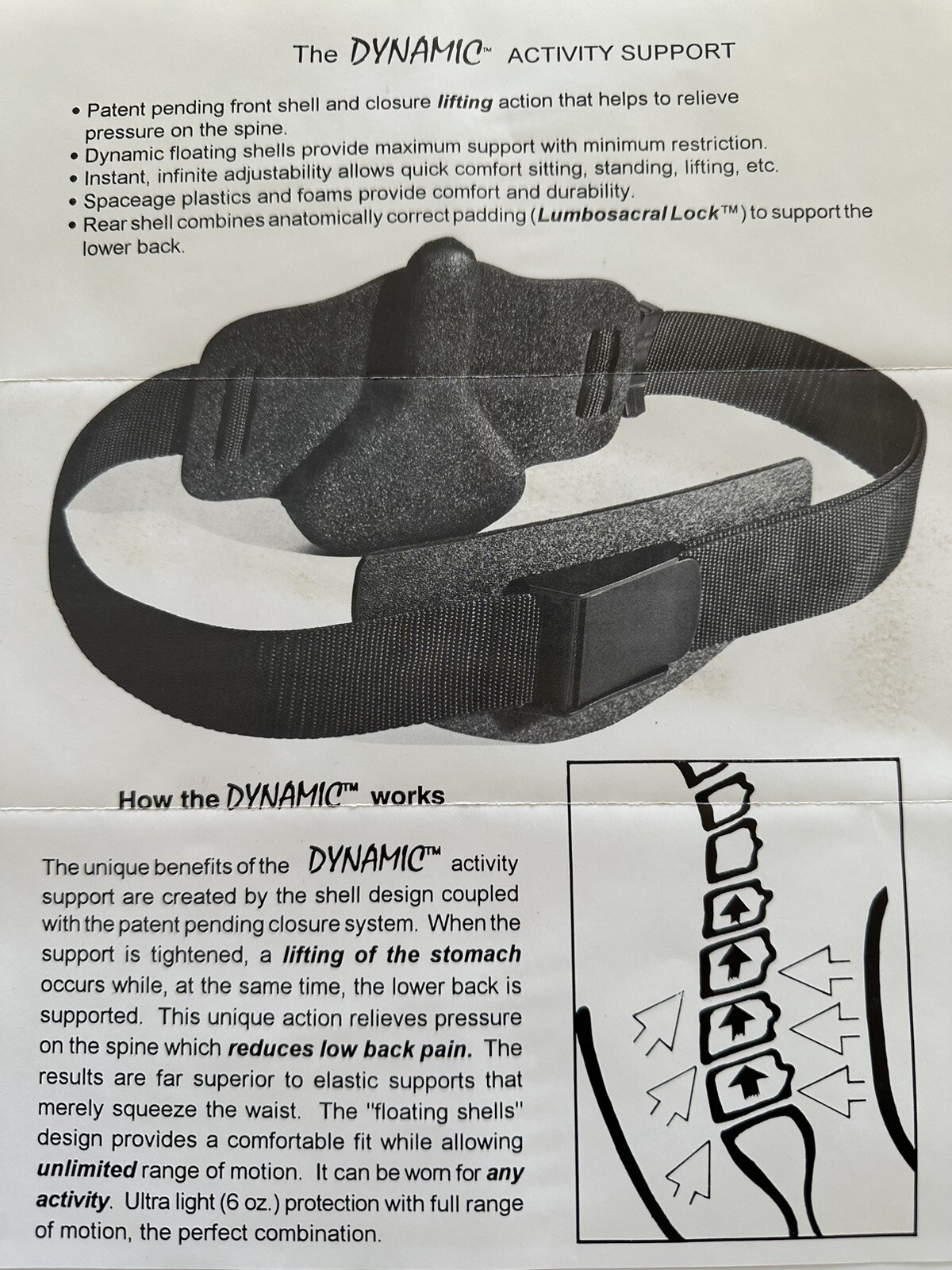 L4, L5, Sacral Back Support Belt, Hydrostatic Pressure Specific Design Concept