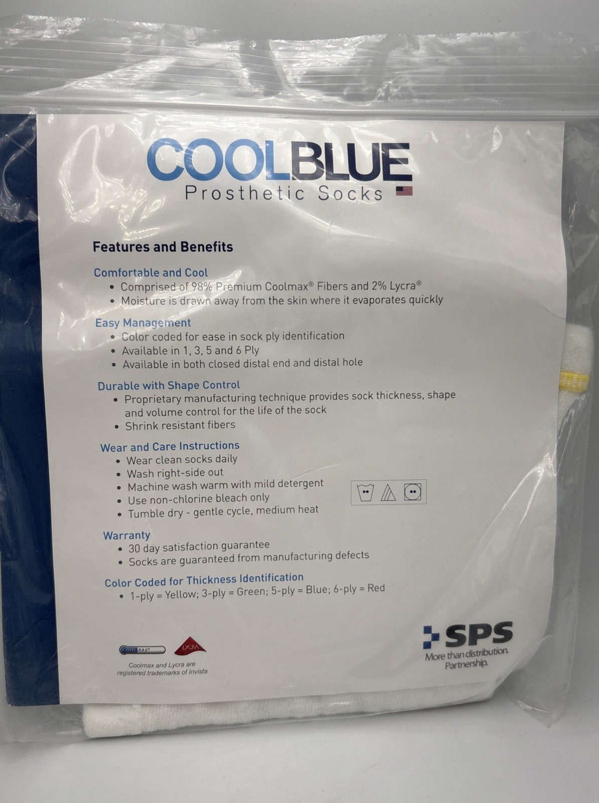 New Prosthetic Sock Cool Blue 1Ply CB1WDSH2 Size 3,4 length 10-14 yellow stitch