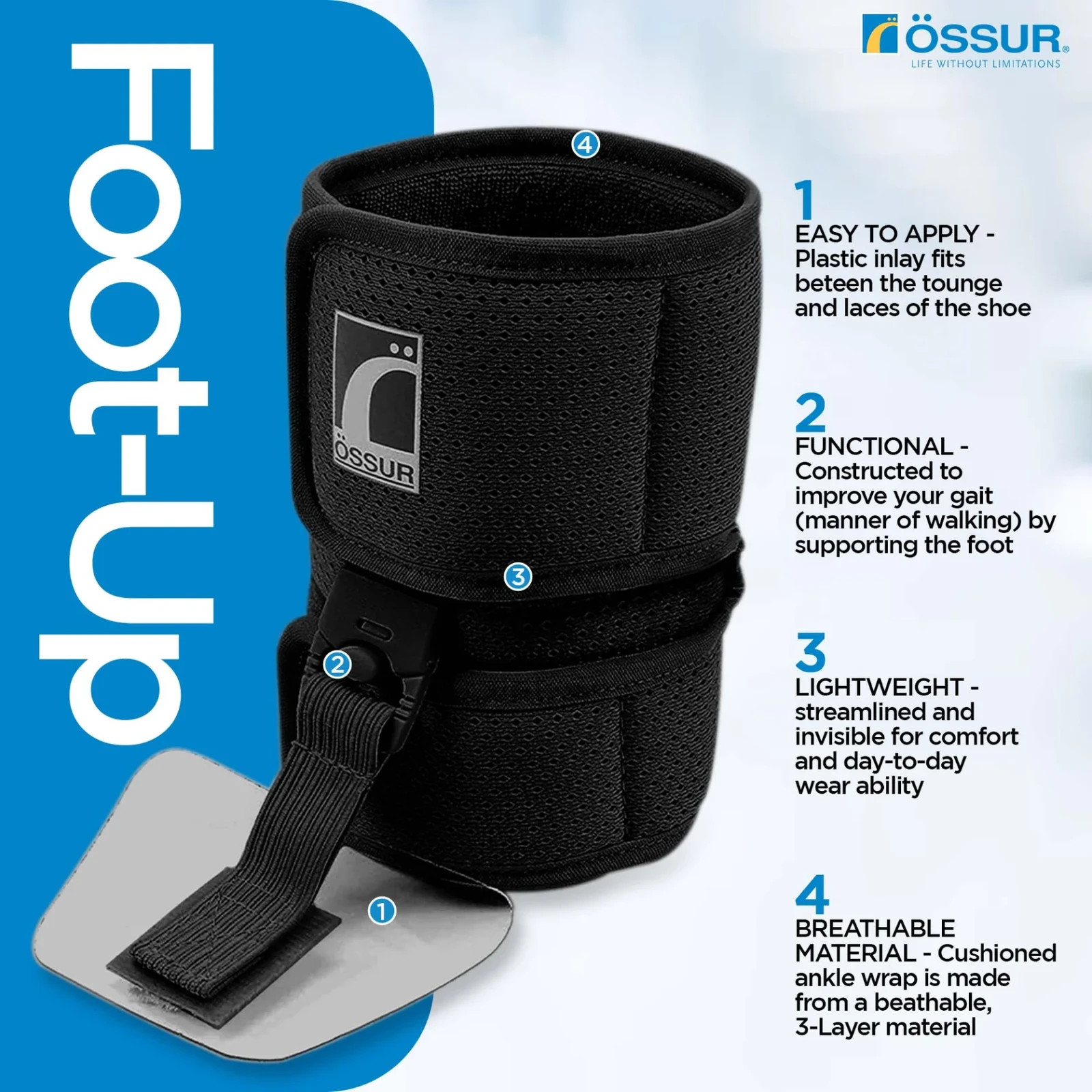 Ossur Foot-Up Drop Foot Brace Dynamic Support Lightweight Comfortable w/3 Layers