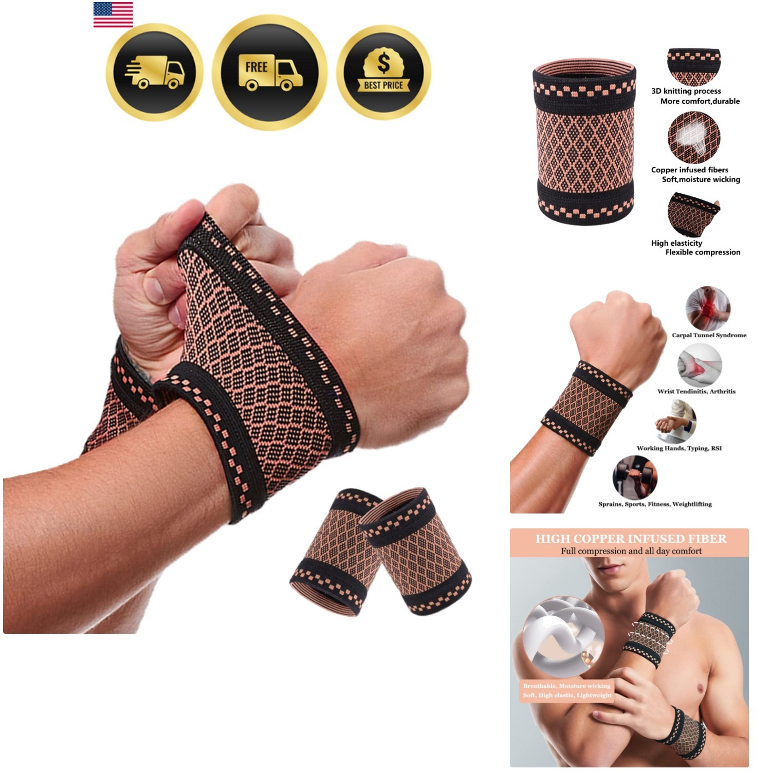 Copper Wrist Compression Brace 2Pcs, Elastic Wrist Support Sleeve Wrist Brace…