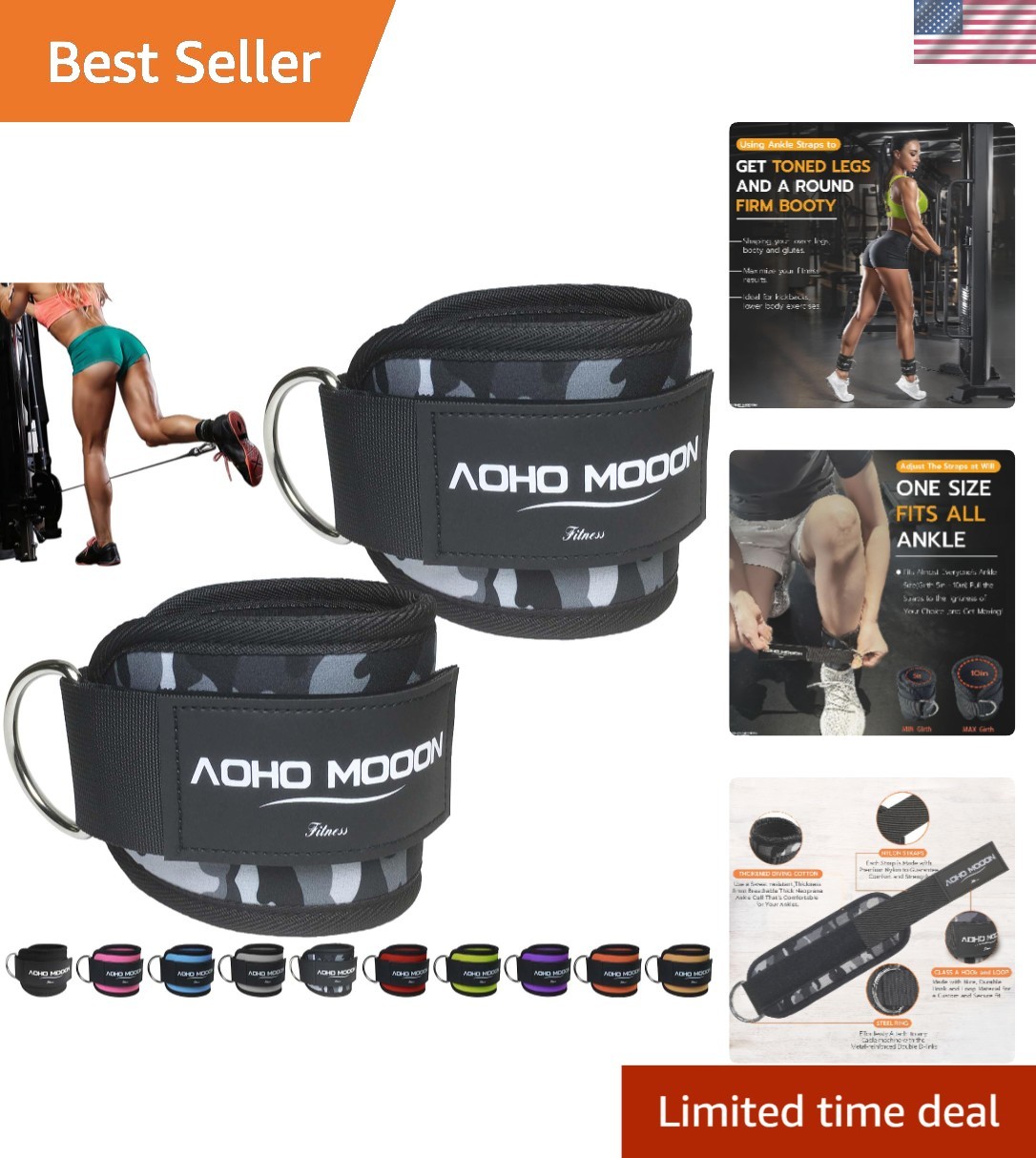 2-Pack Ankle Straps for Cable Machine, Nylon, Adjustable, Unisex