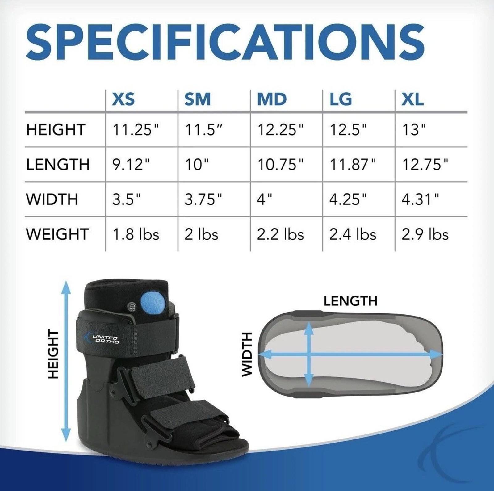 United Ortho Short Air Cam Walker Fracture Boot, Small, S, Black