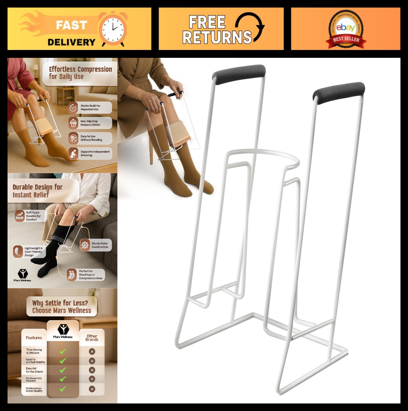 Compression Sock Aid Device | Stocking Donner Helper with Foam Grips – Easy Use