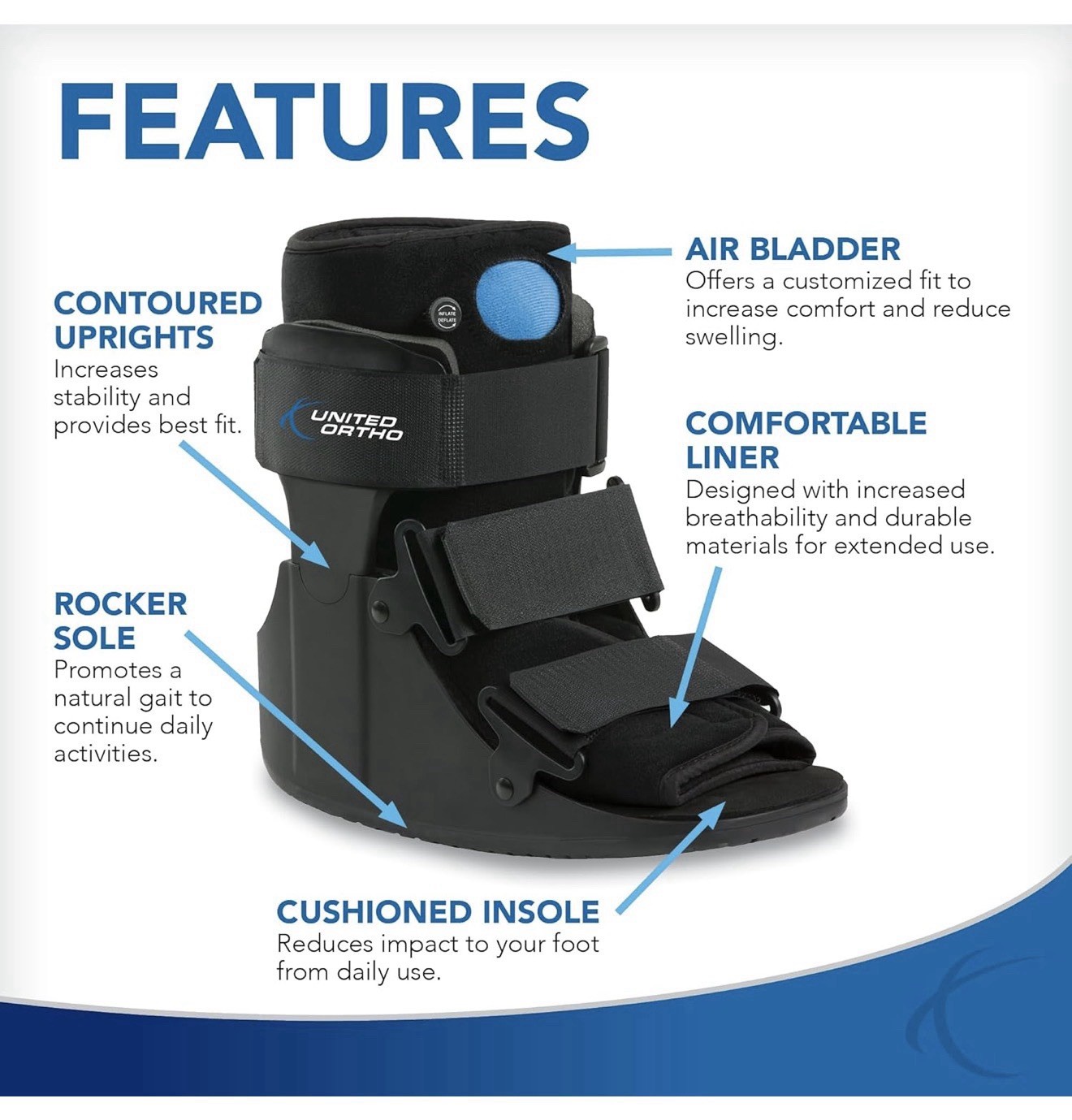 United Ortho USA14115 Short Air Cam Walker Fracture Boot, Medium, Black