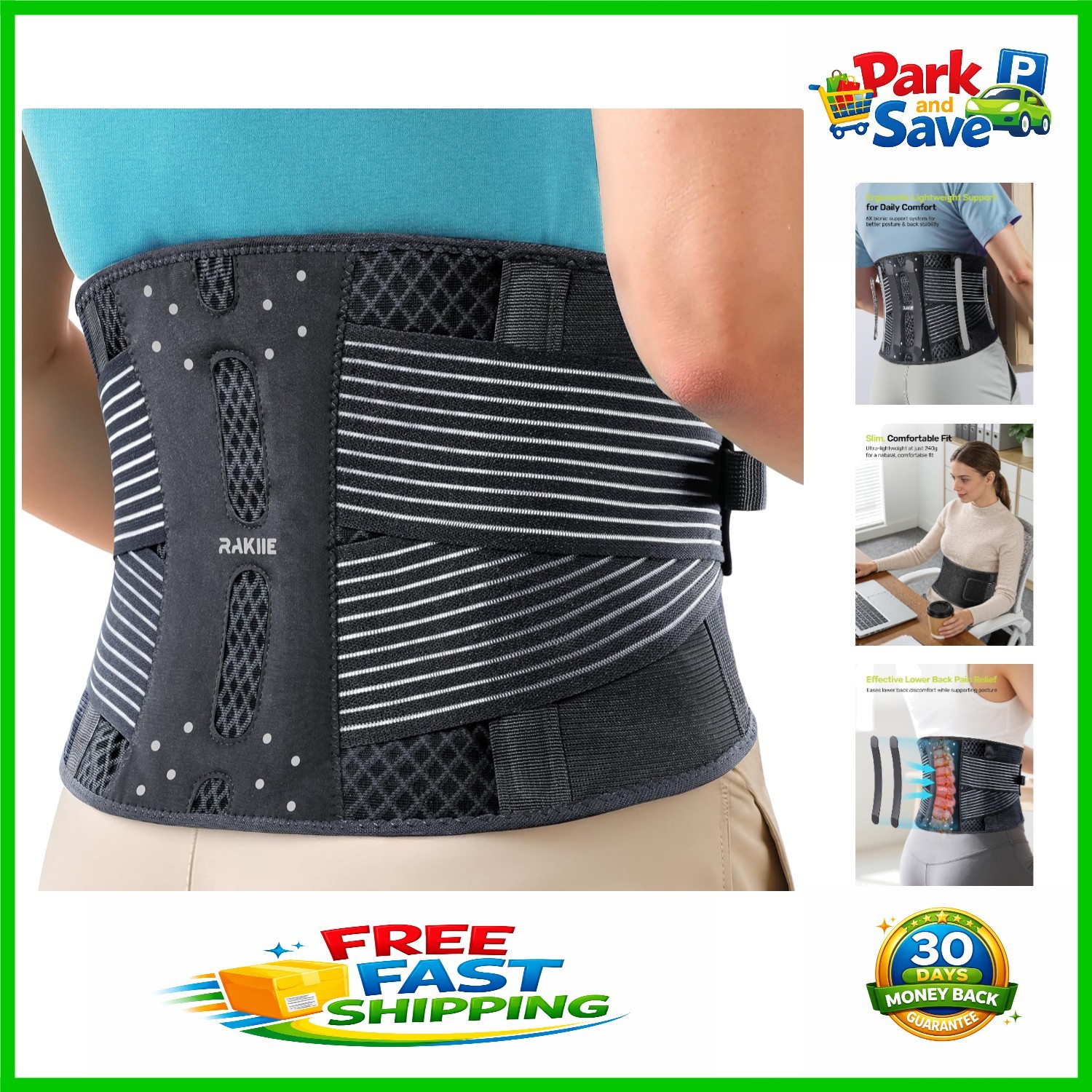 Lightweight Slim Back Brace for Lower Back Pain Relief – Size L in Light Gray