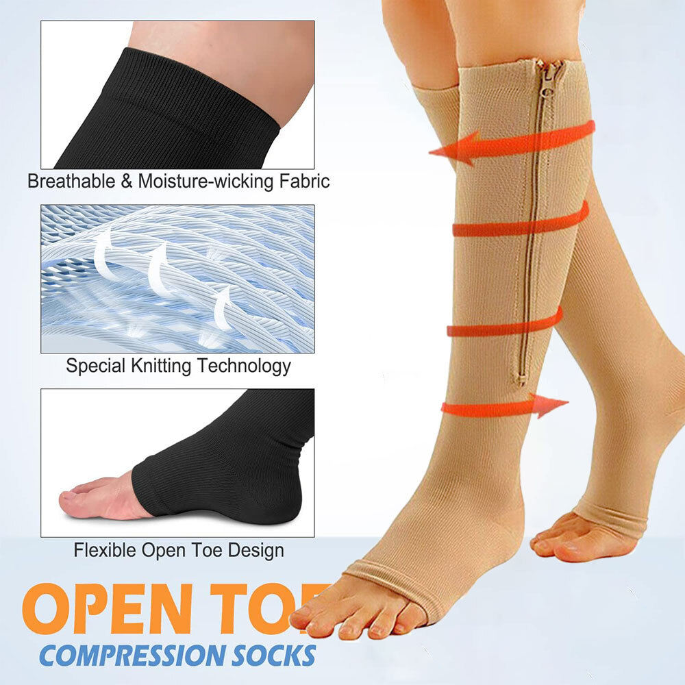 1/3Pk Zipper Open Toe Compression Stocking 20-30mmHg Calf Leg Ankle Support Sock