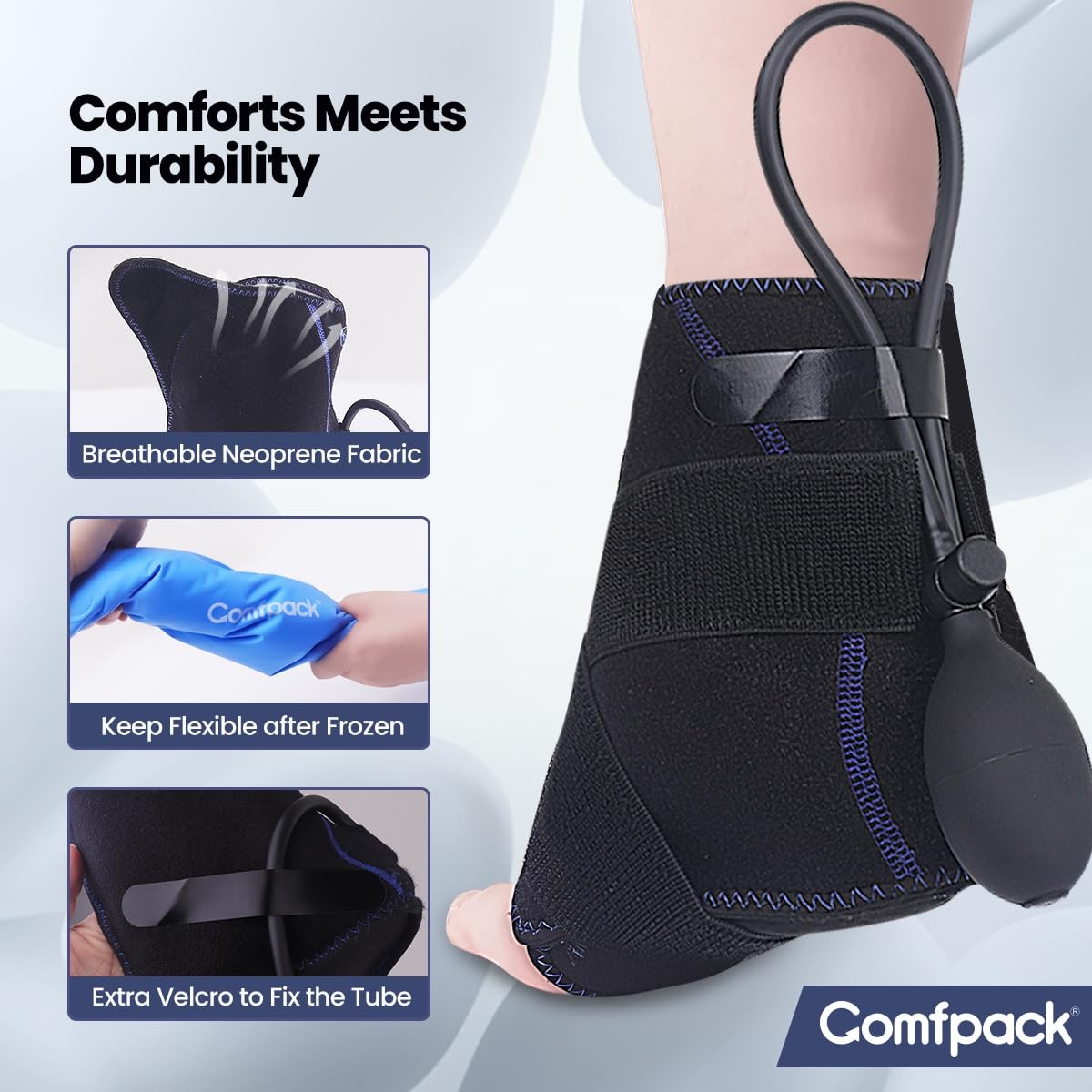 Comfpack Compression Ankle Ice Pack Wrap for Sprain & Fracture, Black