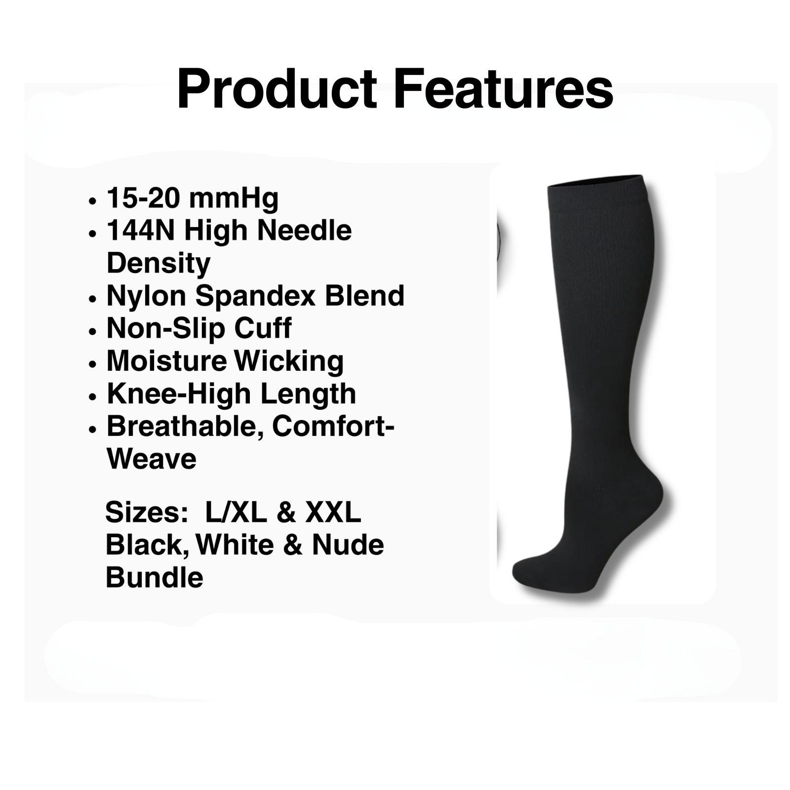 Black Graduated Compression Socks 3 Pr Stockings Medical Relief Knee XL – XXL