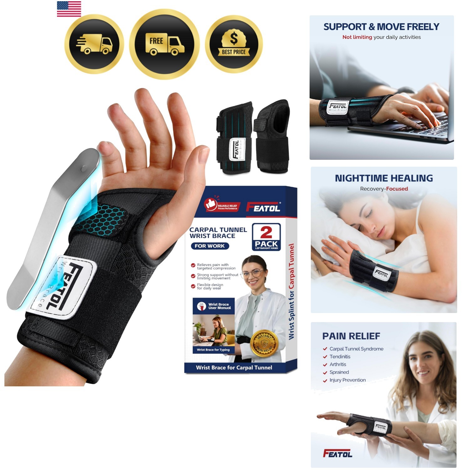 2 Pack Carpal Tunnel Wrist Brace For Work With Wrist Splint, 6.5” Wrist Brac…