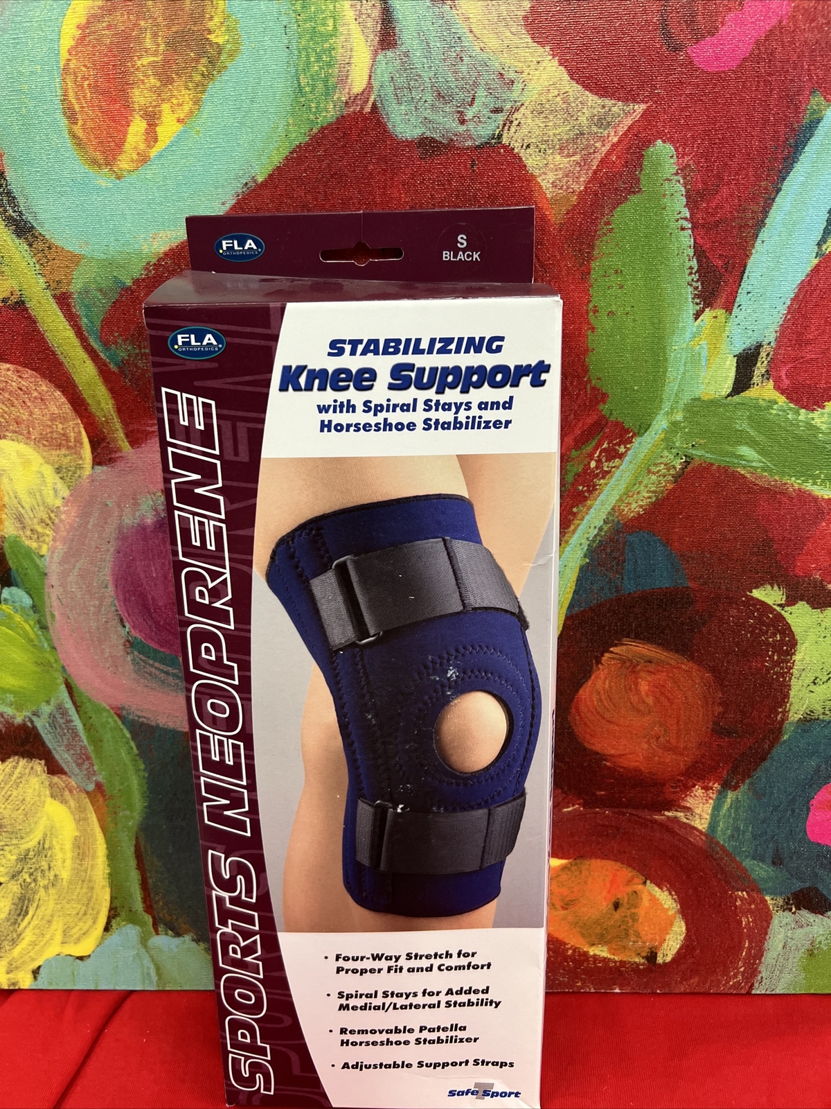 FLA Stabilizing Knee Support w/Spiral Stays & Horseshoe Stabilizer Small Blk NIB