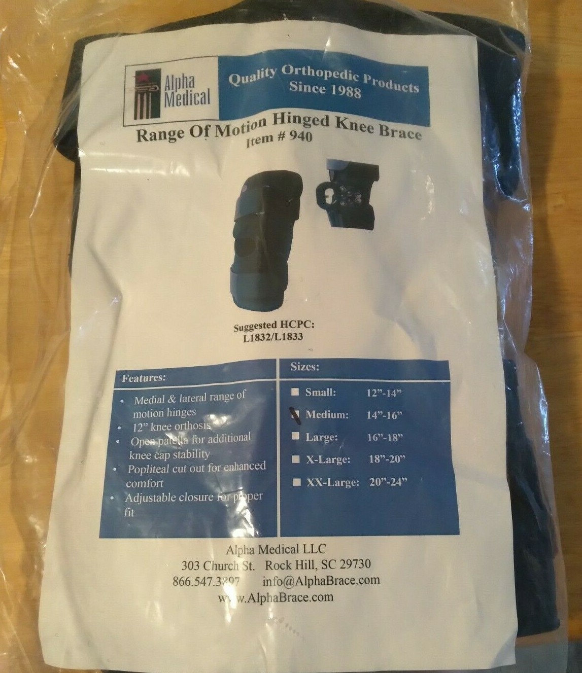 Alpha Medical® Range of Motion Hinged Knee Brace #940 Black Medium 14-16″ New