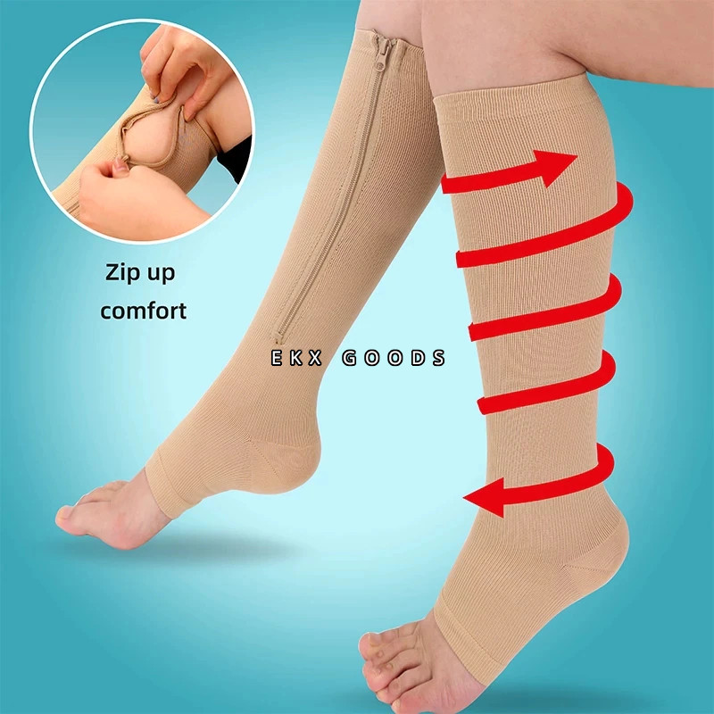 Zipper Open Toe Compression Socks 20-30mmHg Calf Leg Ankle Support Stocking